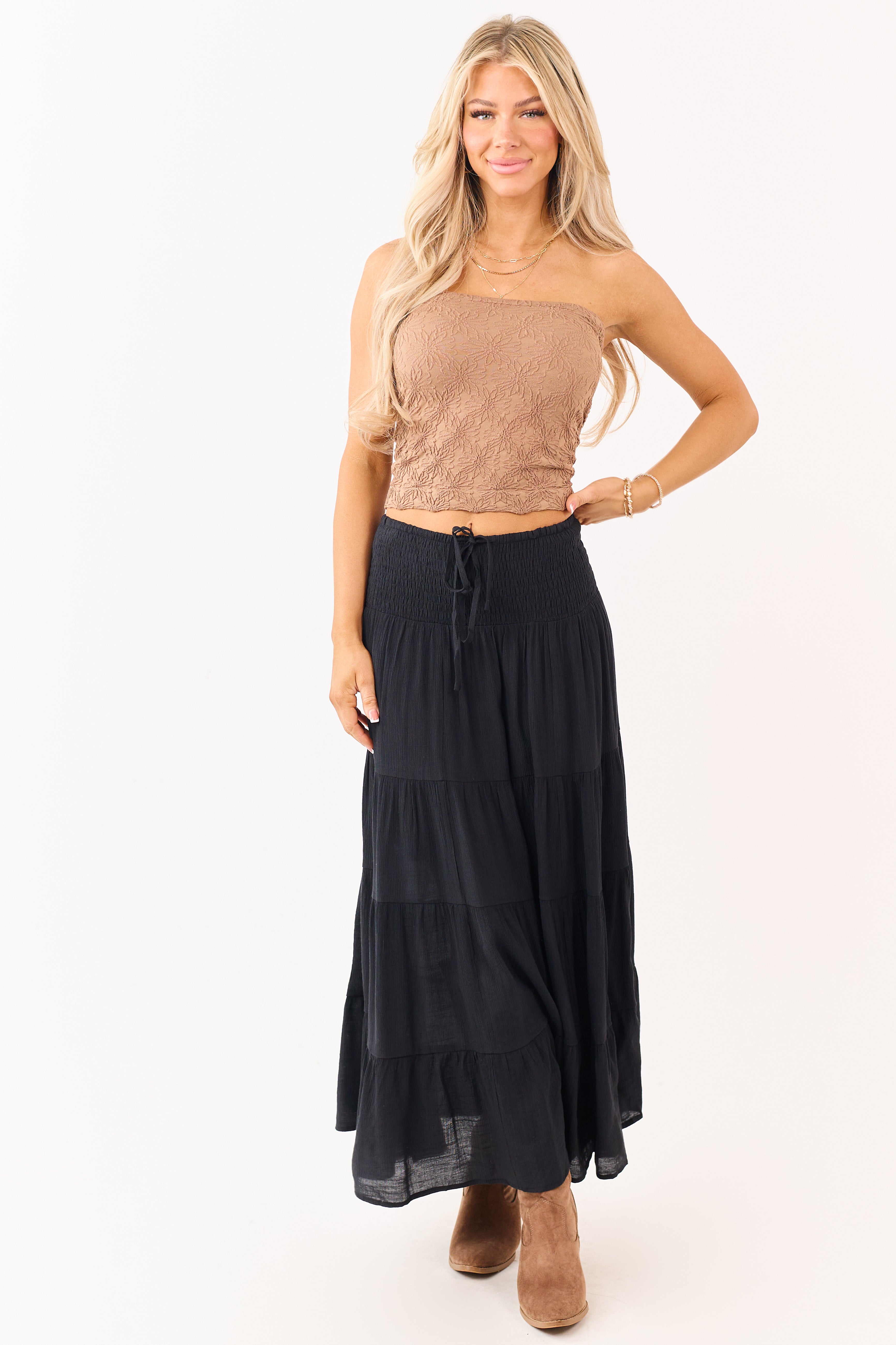 Black Smocked Waist Tiered Flowy Maxi Skirt