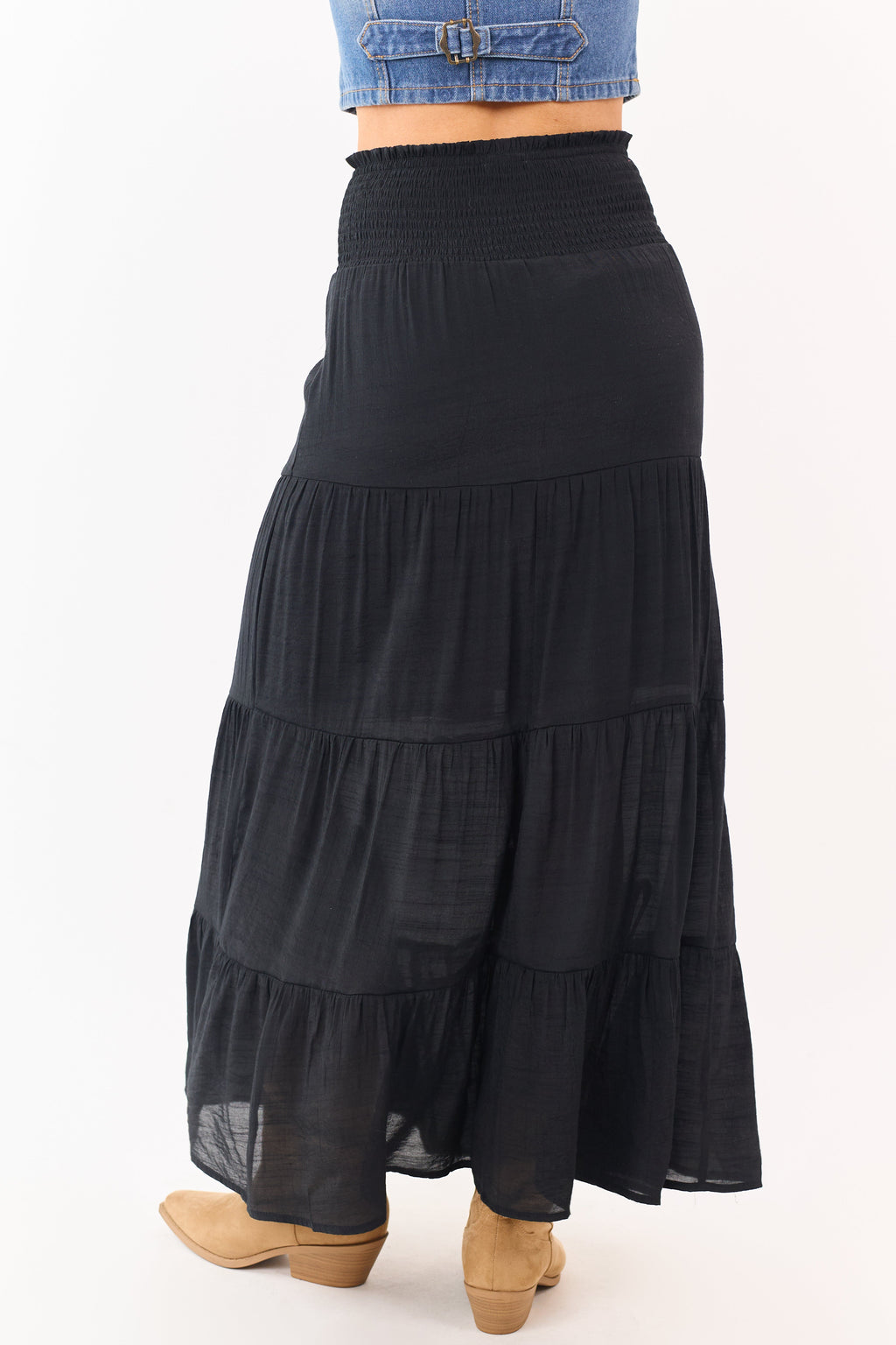 Black Smocked Waist Tiered Maxi Skirt