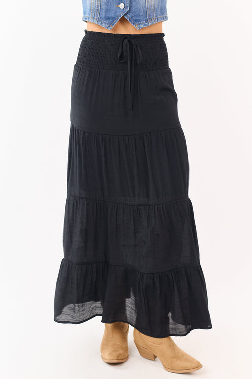 Black Smocked Waist Tiered Maxi Skirt