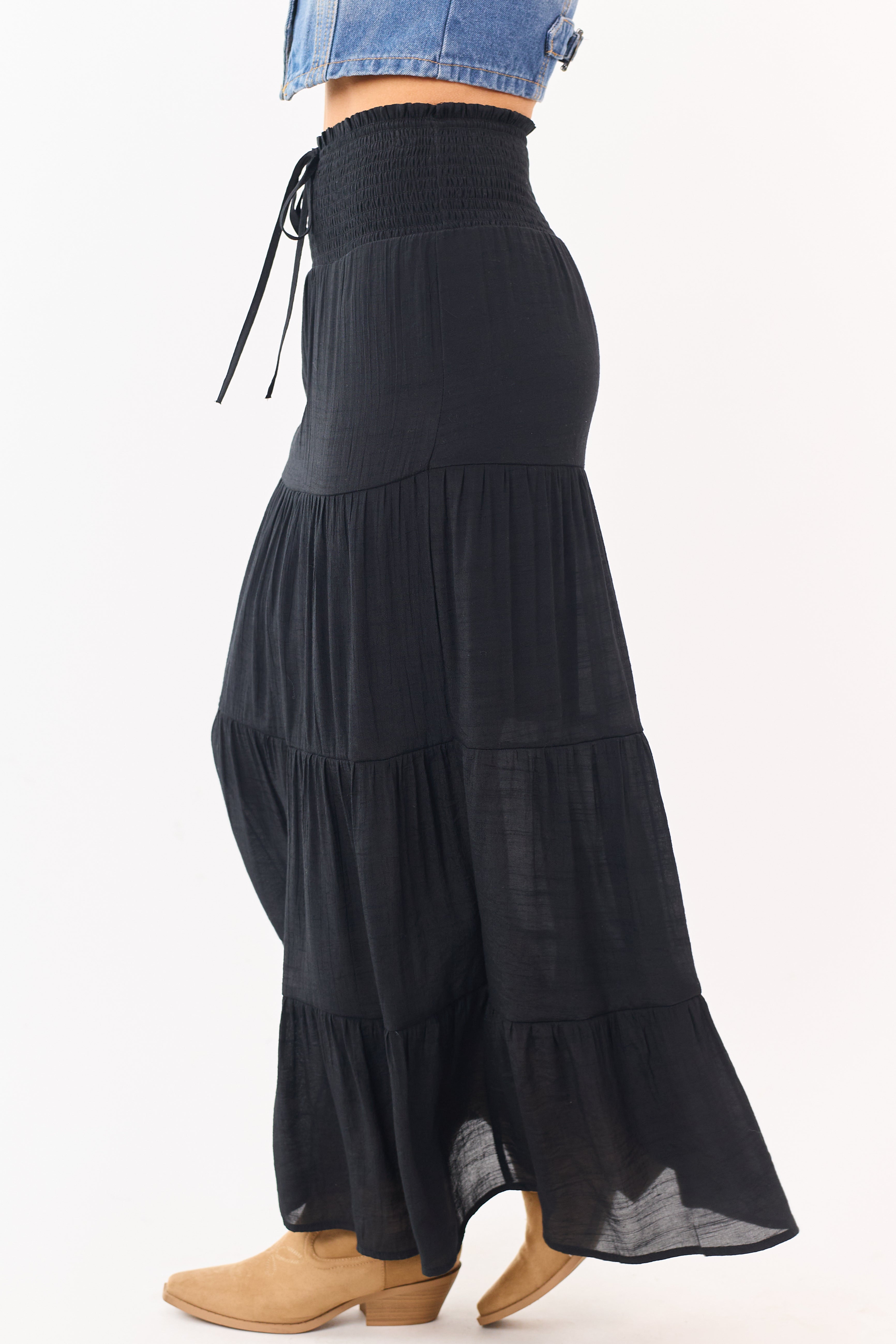 Black Smocked Waist Tiered Maxi Skirt
