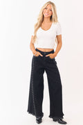 Black Washed Studded Stretchy Wide Leg Jeans