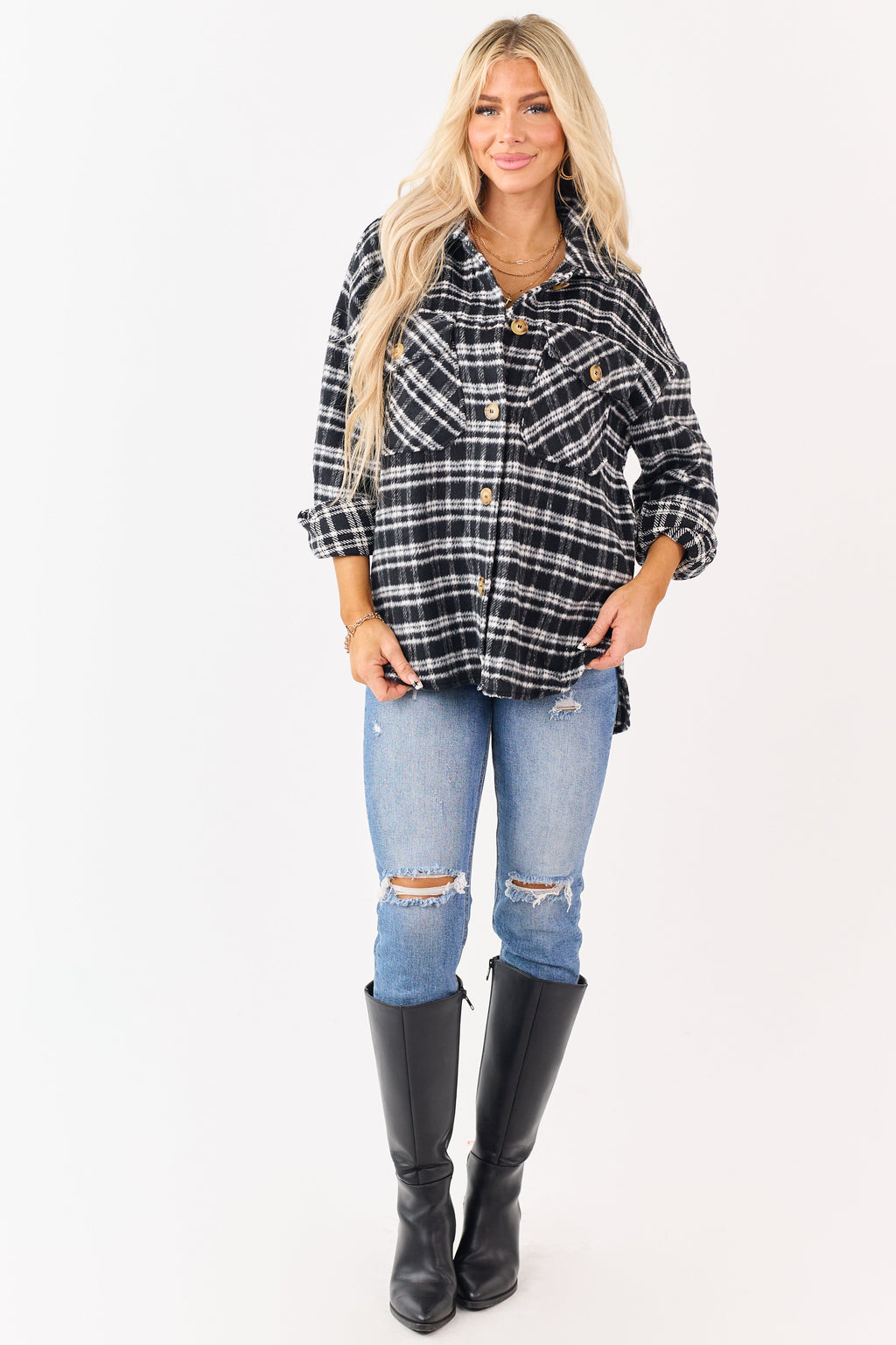 Black and Ivory Plaid Button Down Shacket