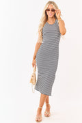 Black and White Striped Knit Midi Dress