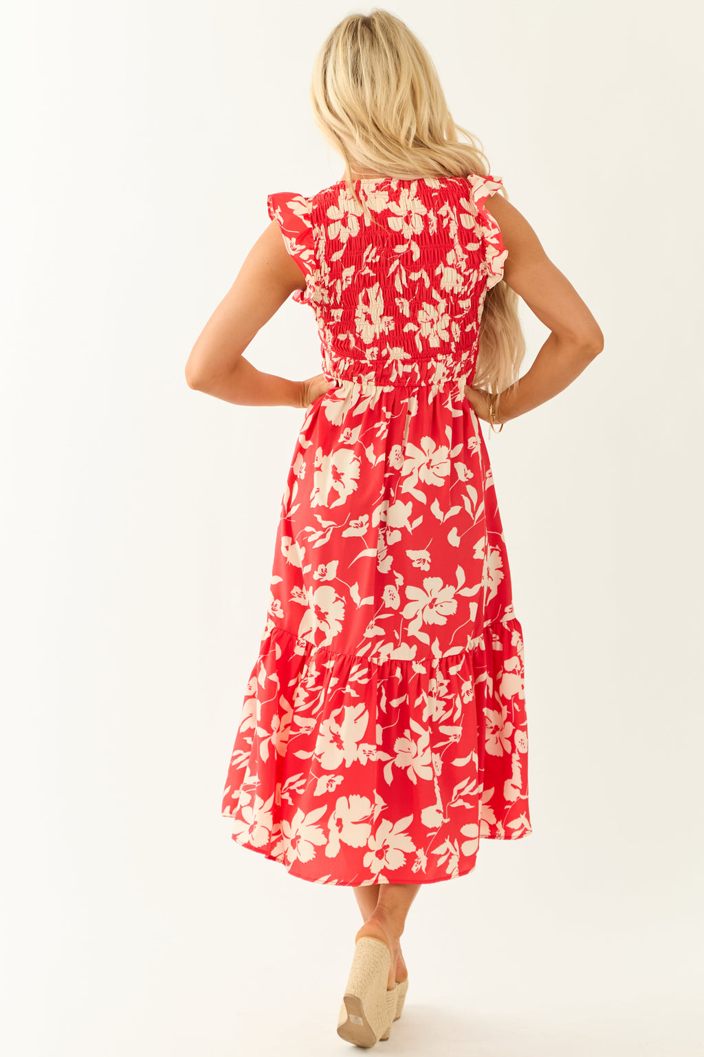 Lipstick V Neck Floral Print Button Down Midi Dress