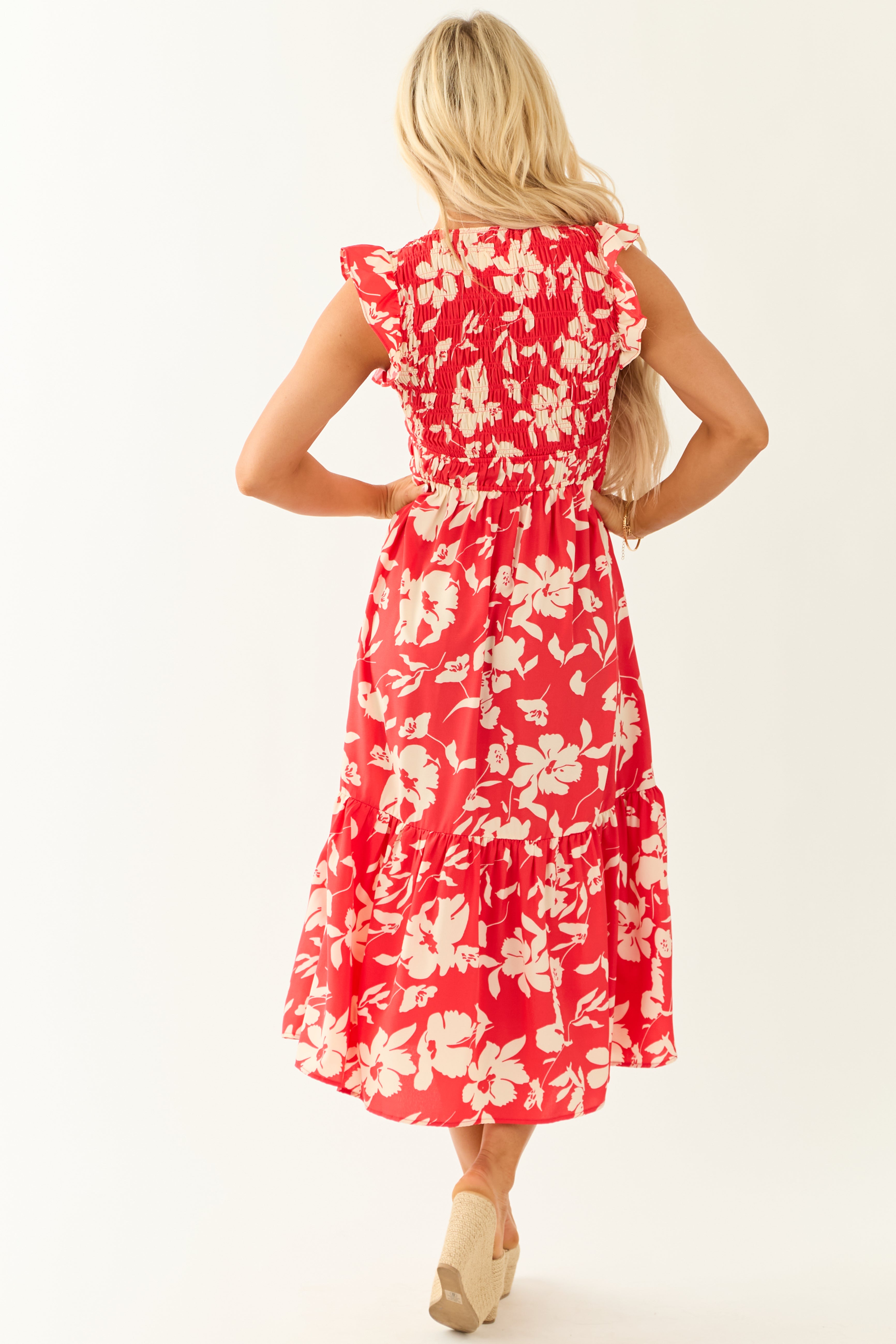 Lipstick V Neck Floral Print Button Down Midi Dress