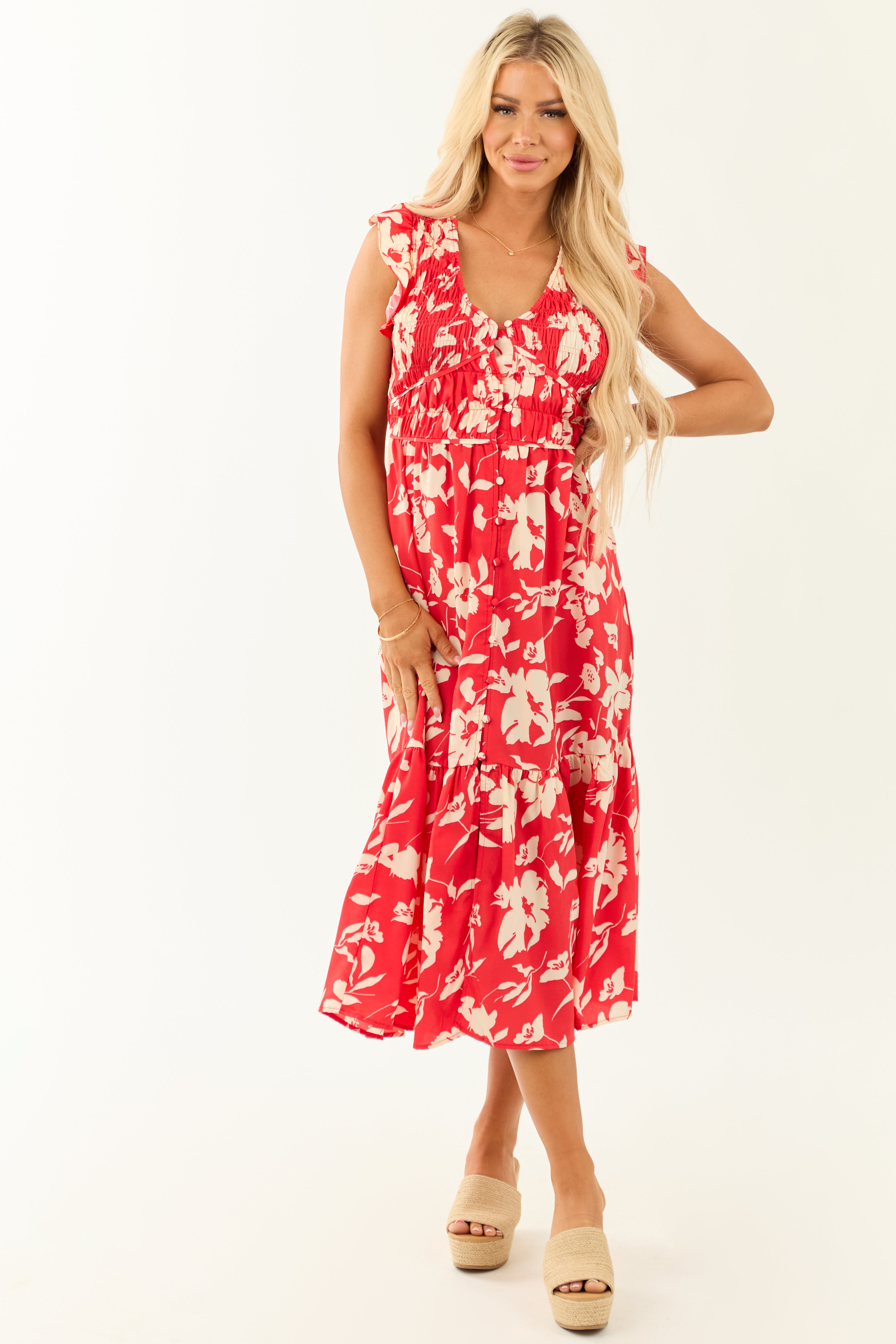 Lipstick V Neck Floral Print Button Down Midi Dress