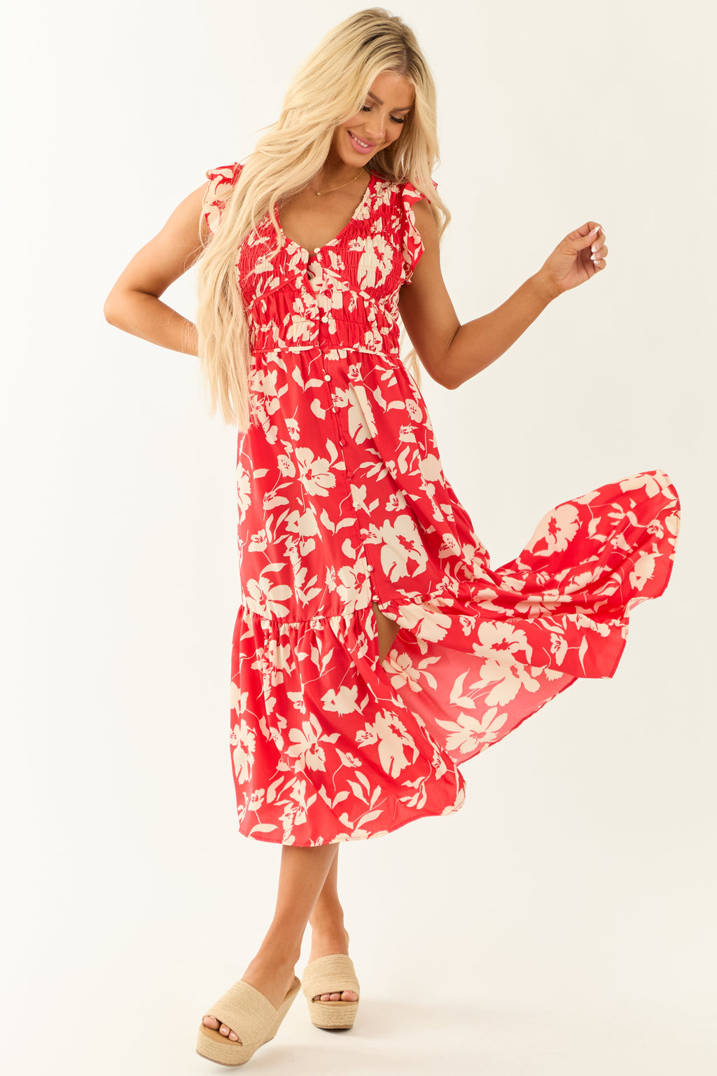 Lipstick V Neck Floral Print Button Down Midi Dress