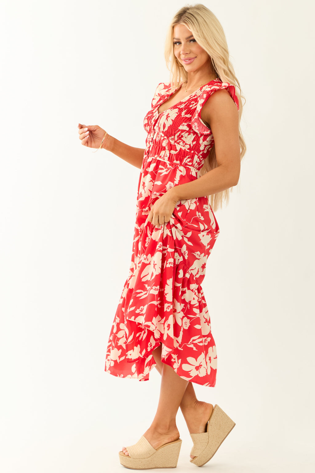 Lipstick V Neck Floral Print Button Down Midi Dress
