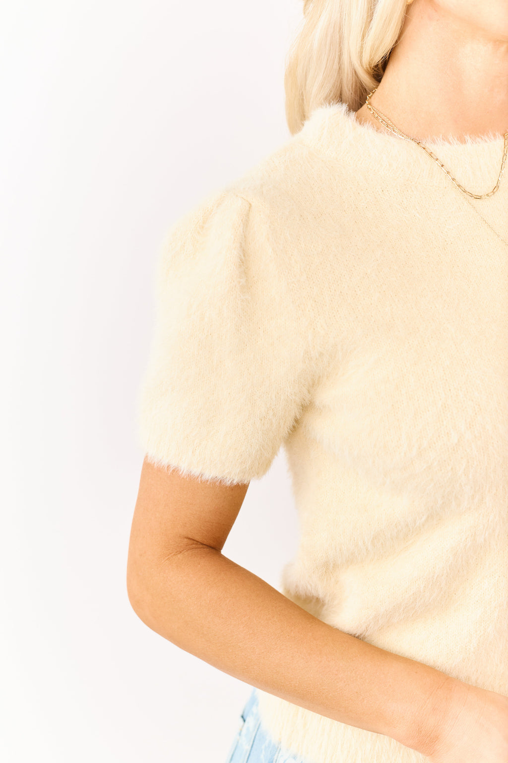 Buttercream Short Sleeve Fuzzy Eyelash Knit Sweater Top