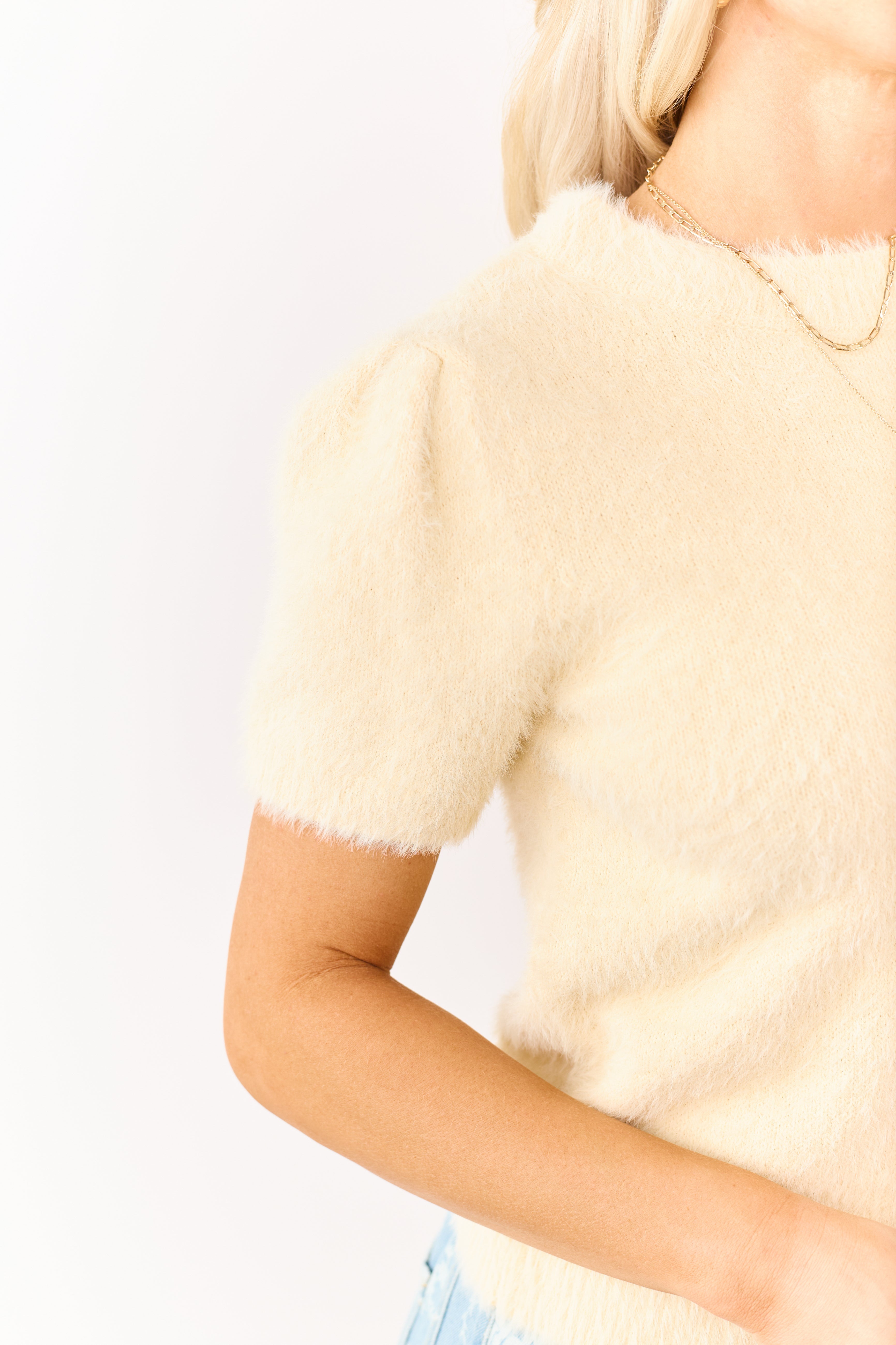 Buttercream Short Sleeve Fuzzy Eyelash Knit Sweater Top