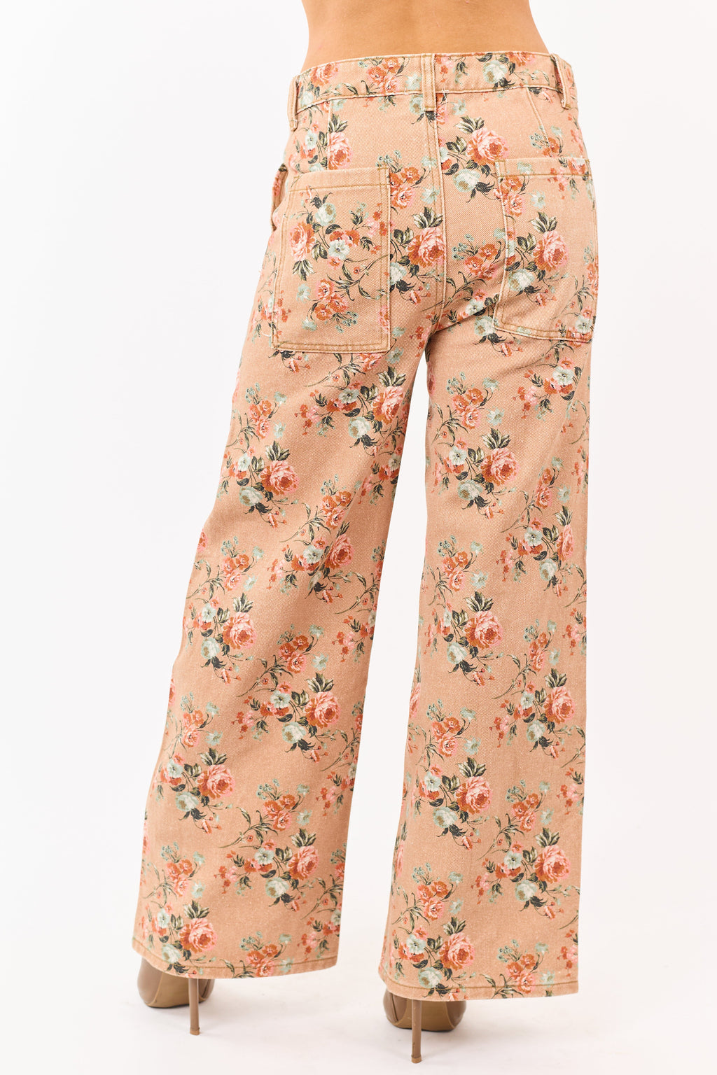 Camel Rose Print Wide Leg High Rise Jeans