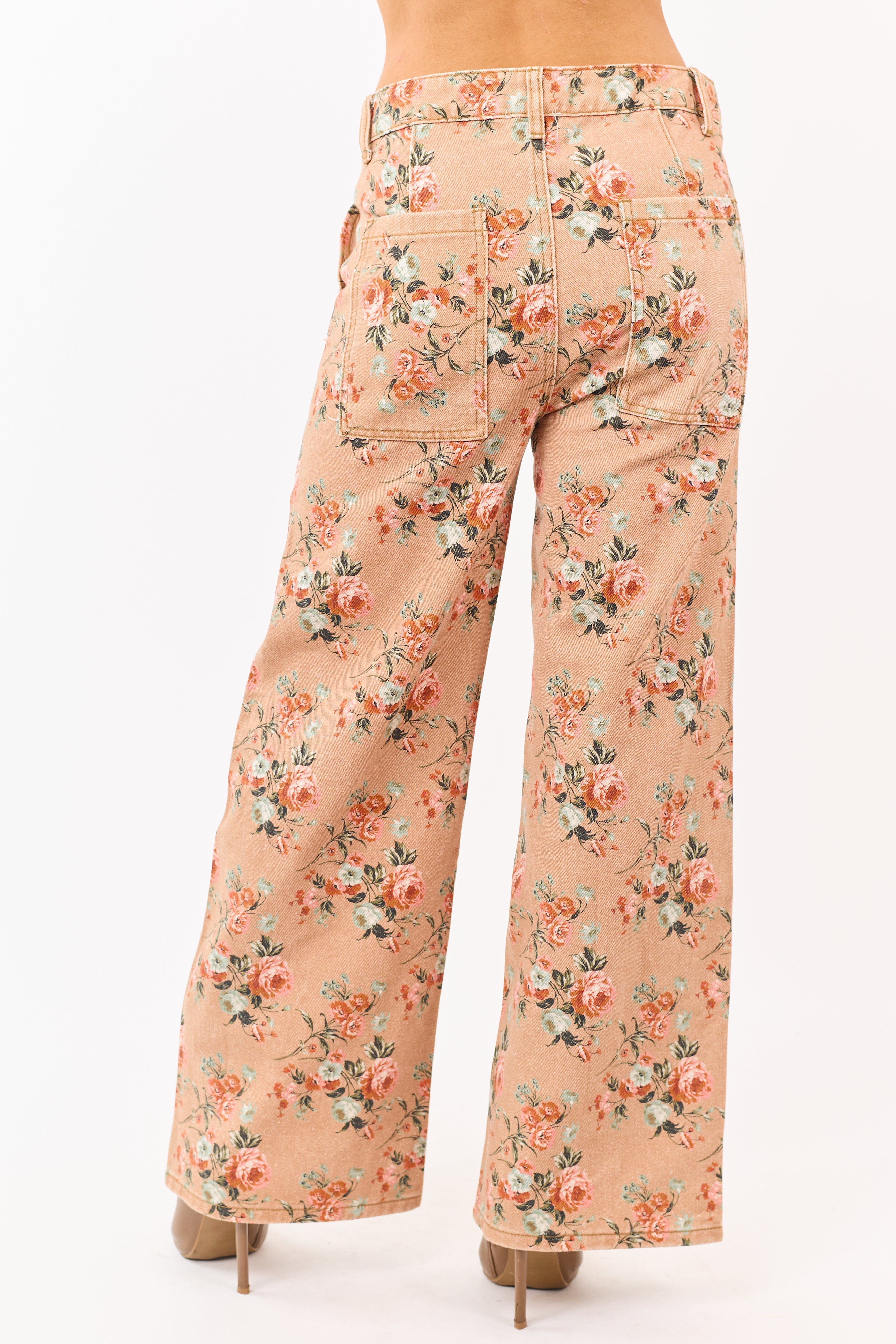 Camel Rose Print Wide Leg High Rise Jeans