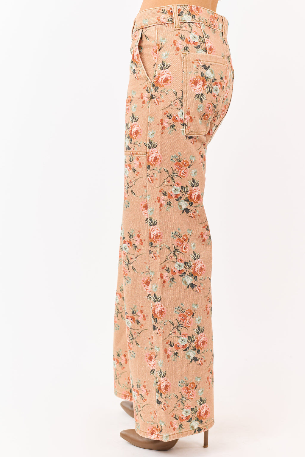 Camel Rose Print Wide Leg High Rise Jeans