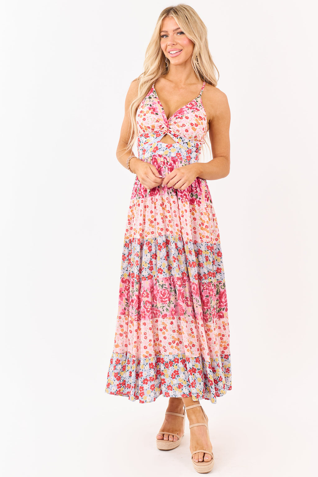 Carnation Front Twist Tiered Floral Print Maxi Dress