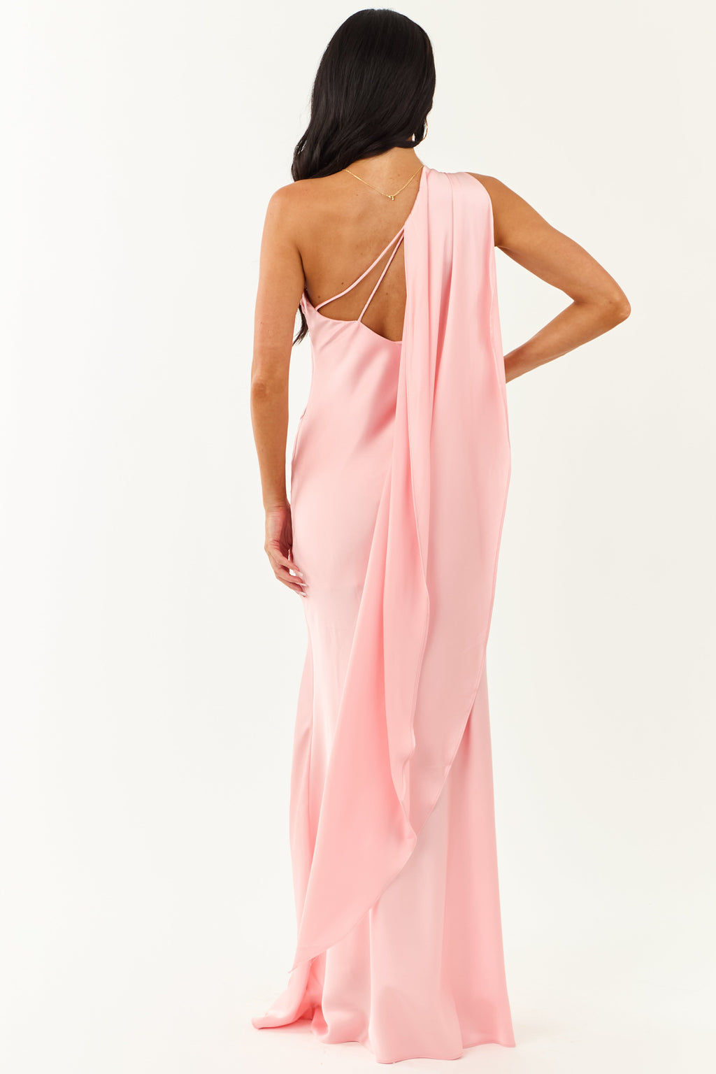 Carnation One Shoulder Satin Slit Maxi Scarf Dress