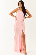 Carnation One Shoulder Satin Slit Maxi Scarf Dress