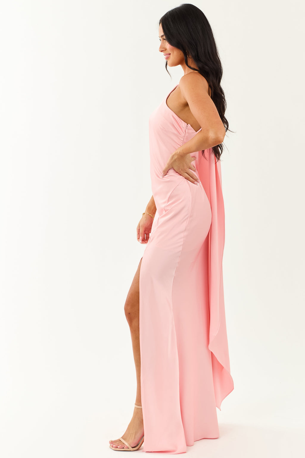 Carnation One Shoulder Satin Slit Maxi Scarf Dress
