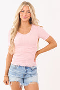 Carnation Rib Knit Exposed Seam Short Sleeve Top