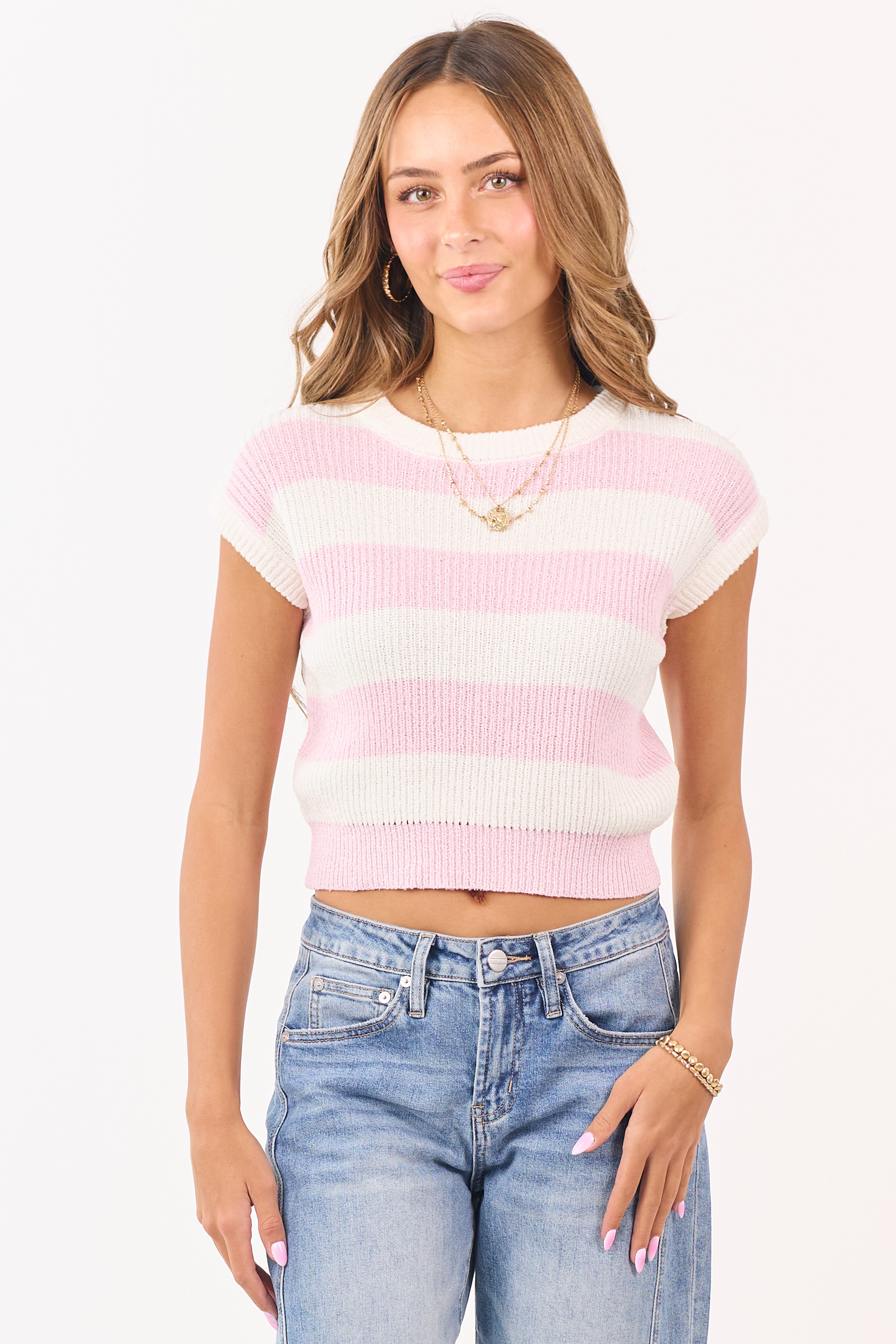 Carnation and Cream Striped Short Sleeve Sweater Top