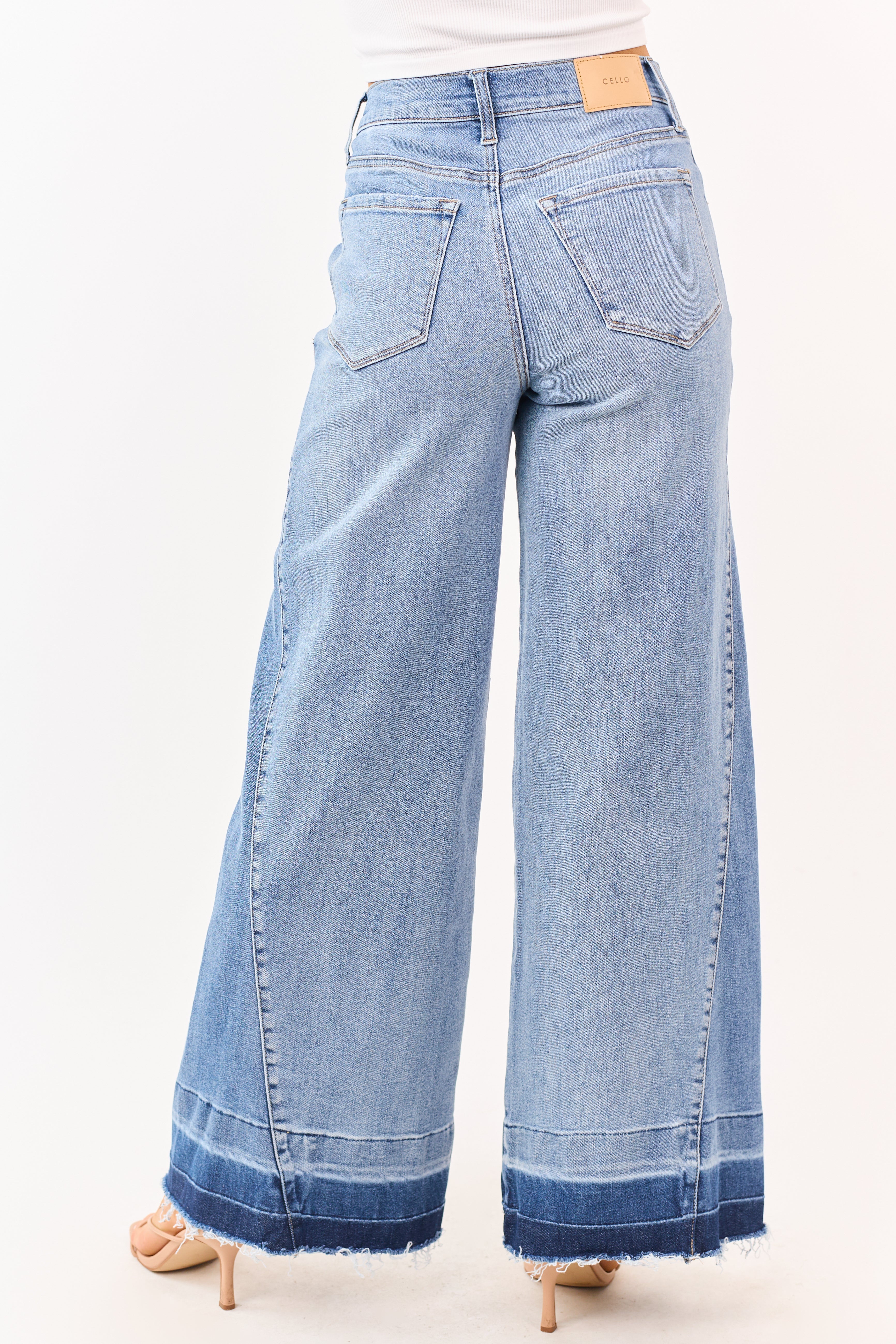 Cello Medium Wash Released Hem Stretchy Wide Jeans