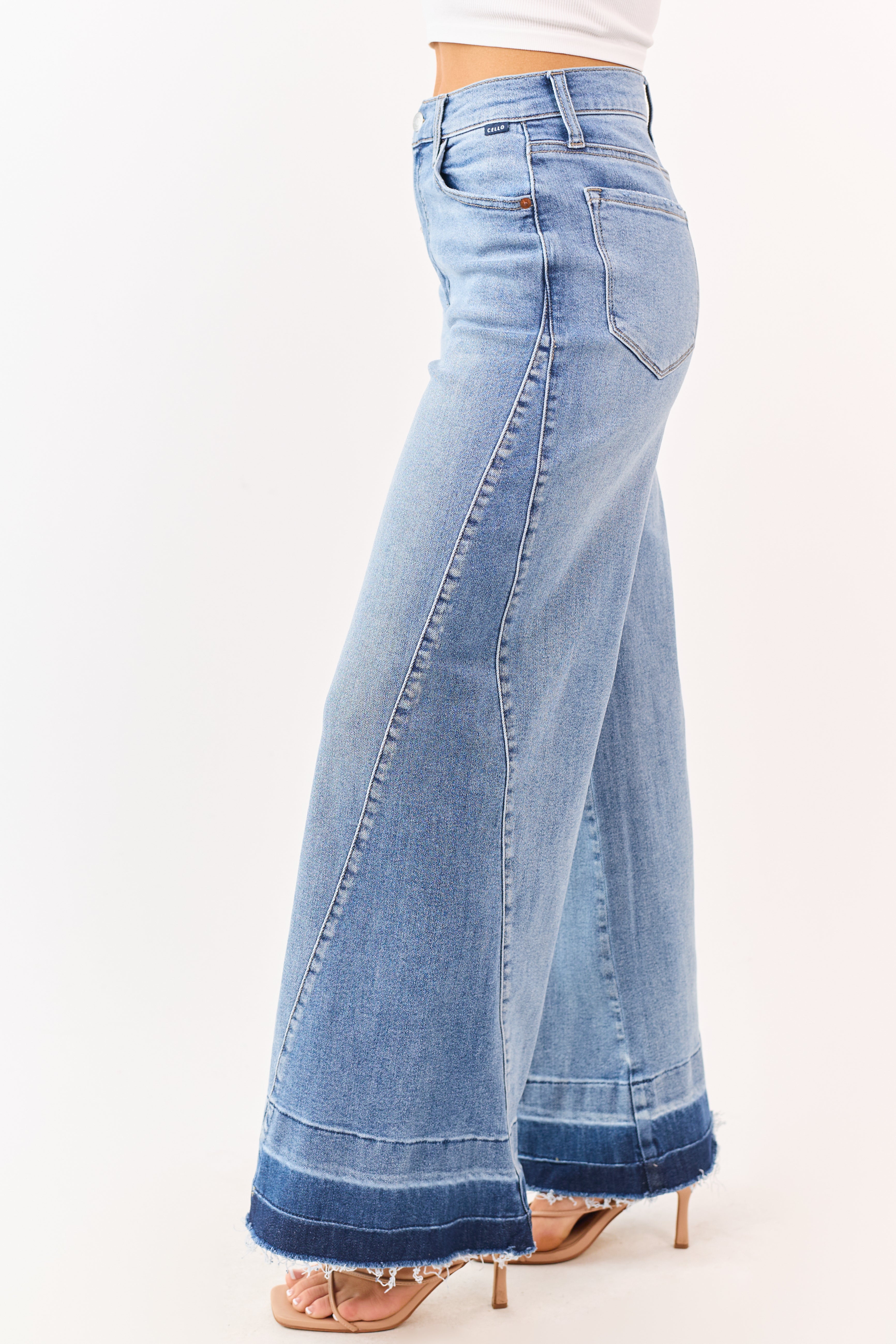 Cello Medium Wash Released Hem Stretchy Wide Jeans