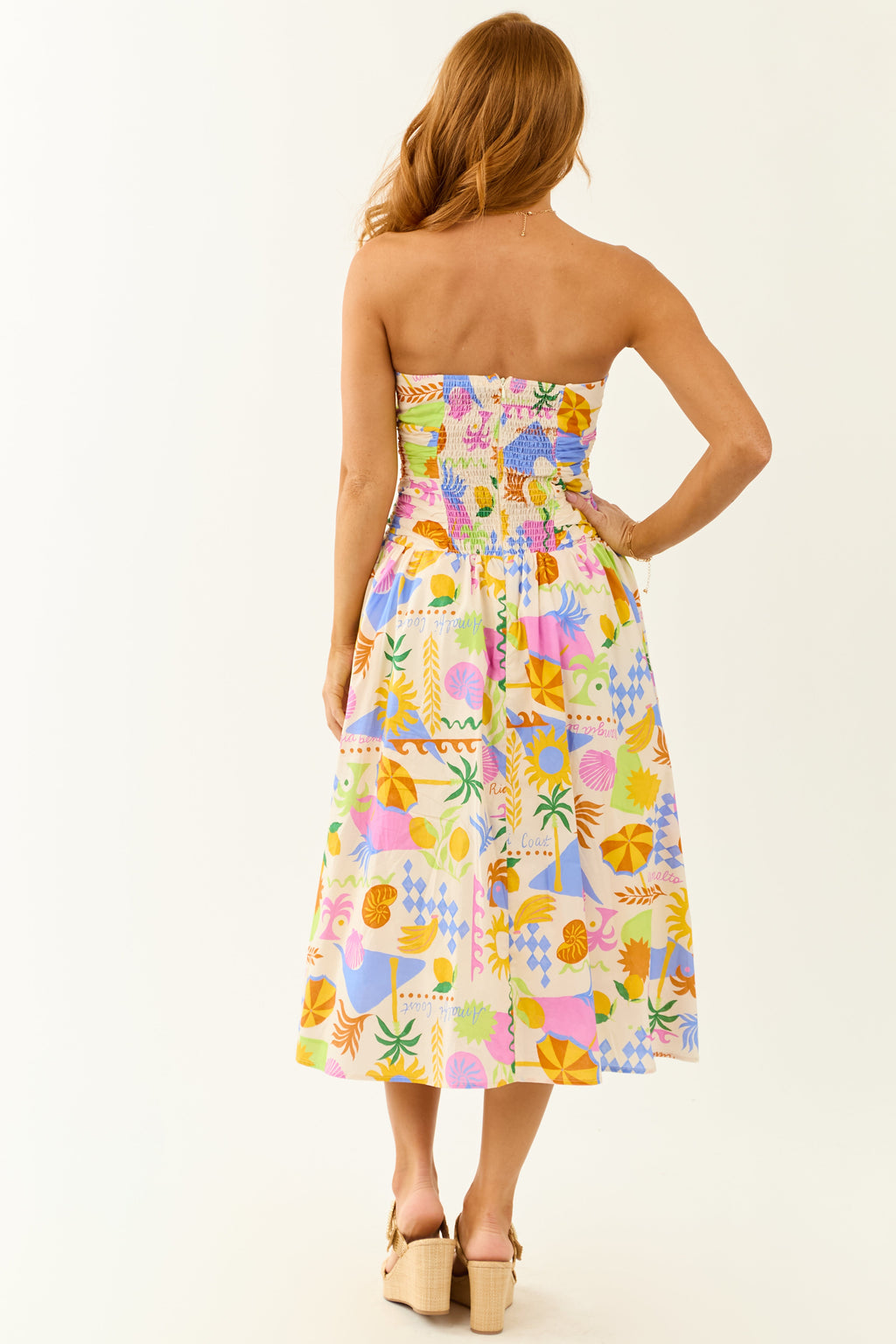 Champagne Abstract Print Strapless Cotton Midi Dress