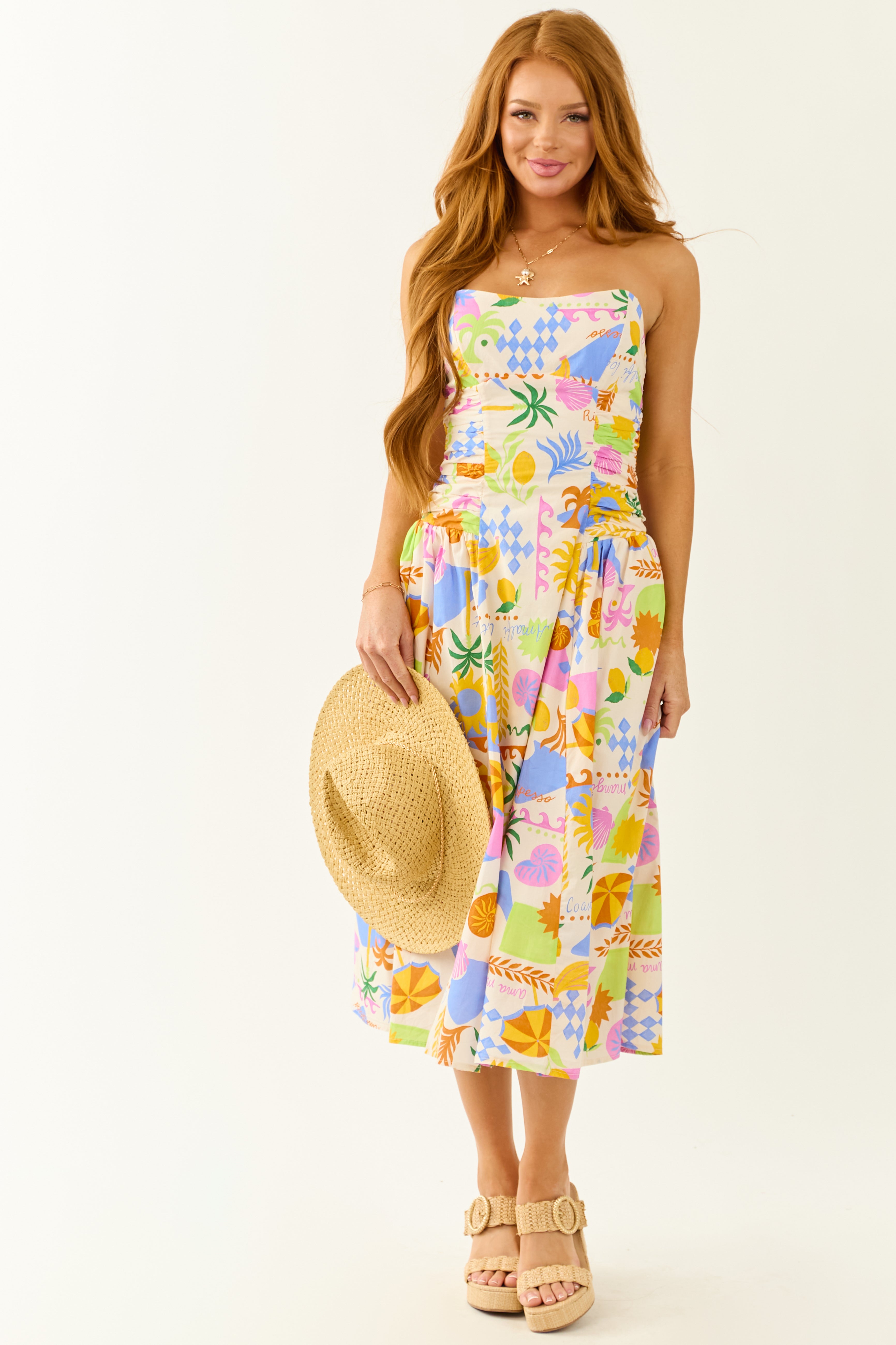 Champagne Abstract Print Strapless Cotton Midi Dress