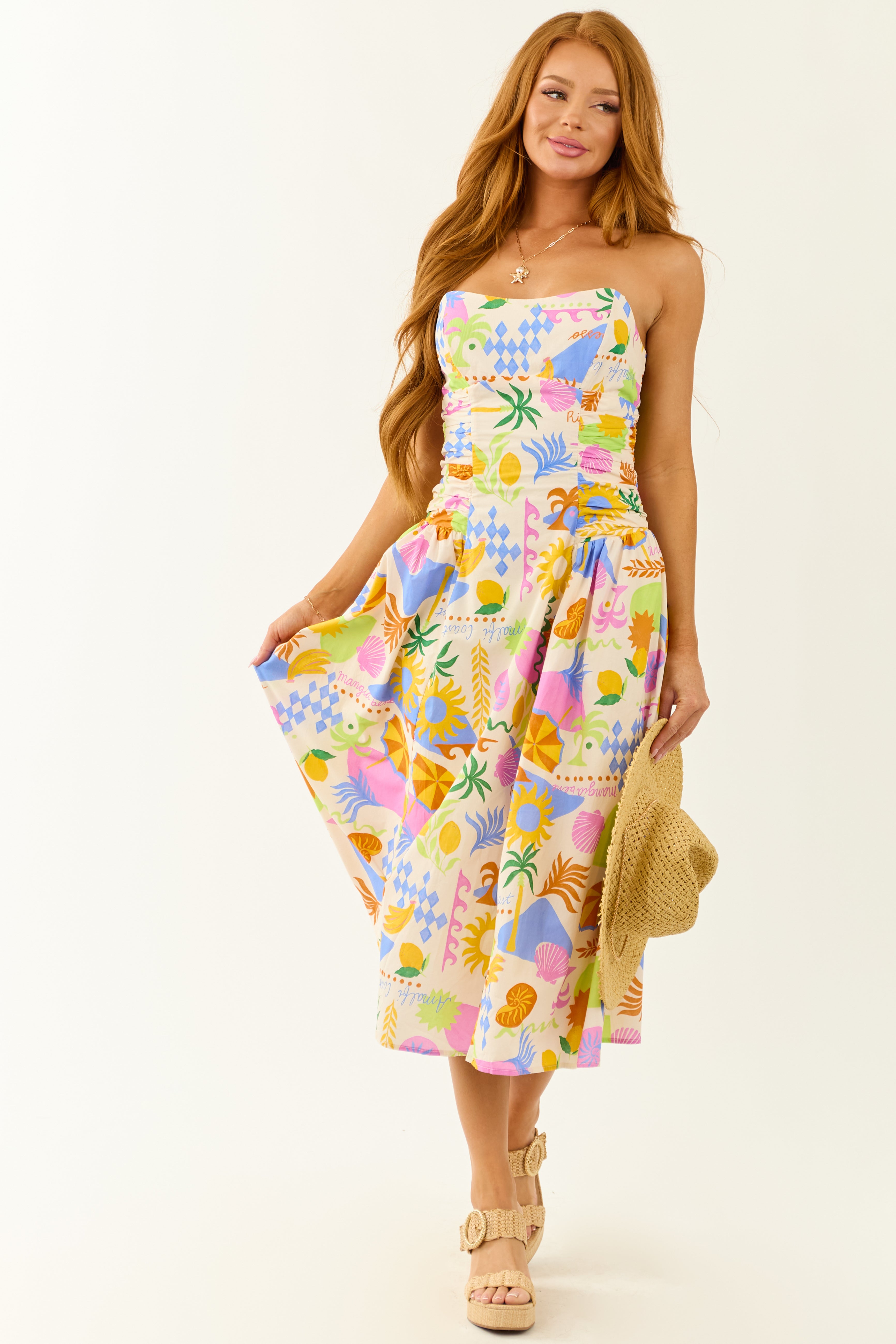 Champagne Abstract Print Strapless Cotton Midi Dress