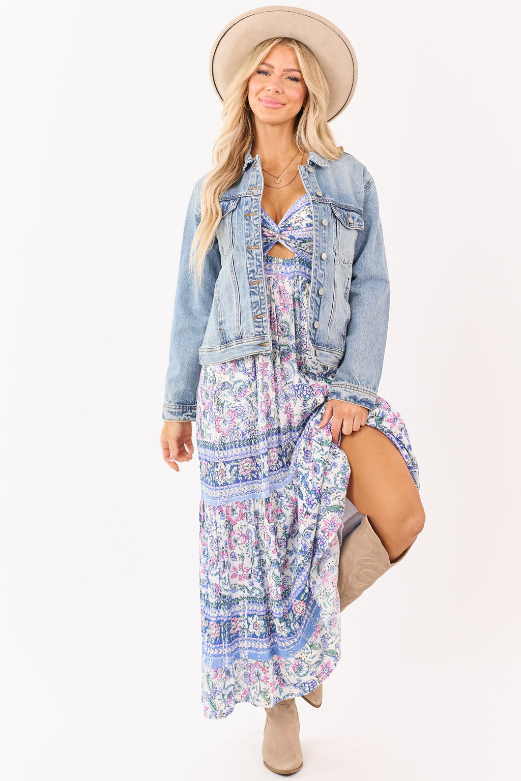 Coconut Floral Eyelet Front Twist Maxi Dress