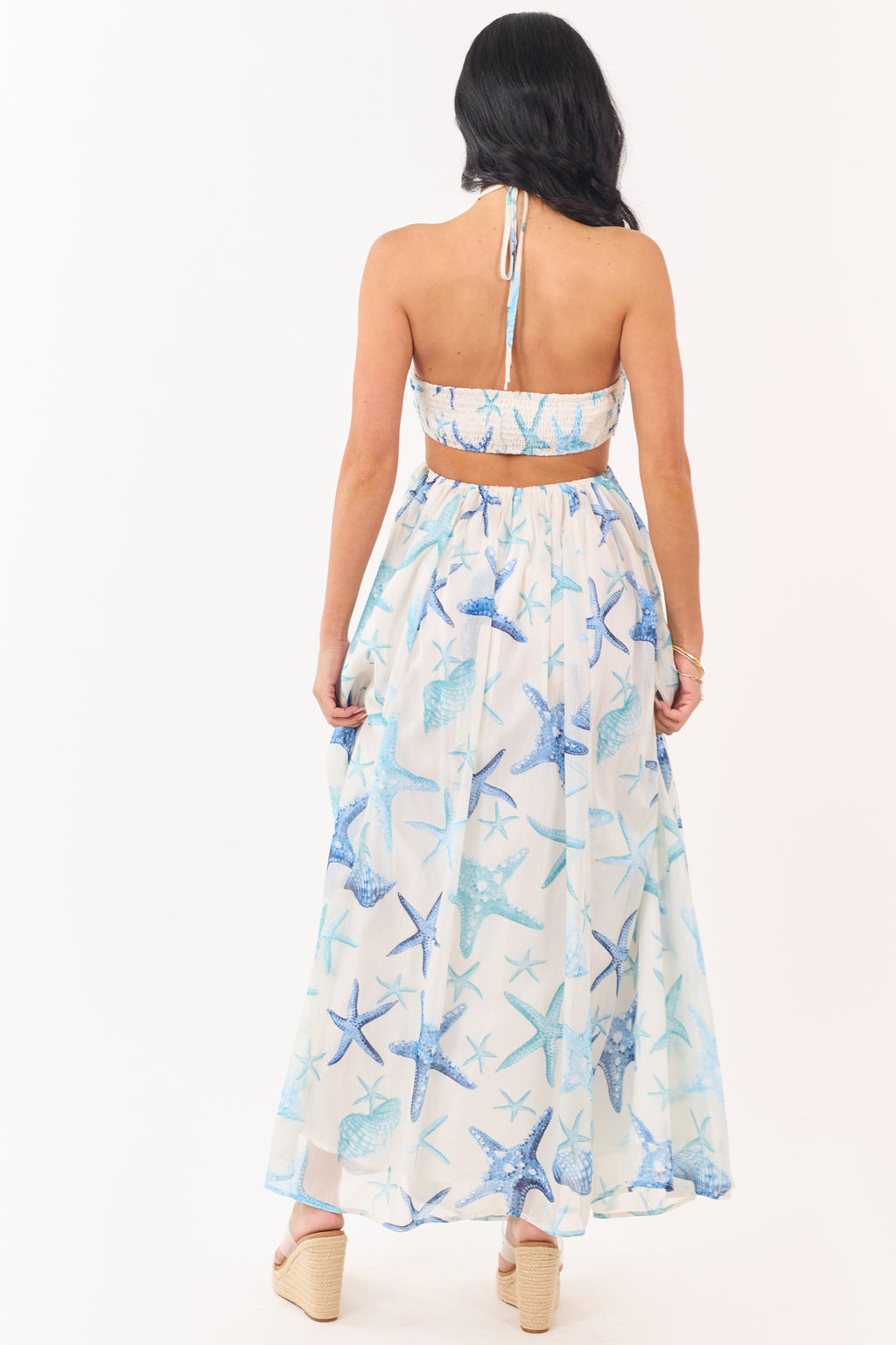 Coconut Starfish Print Chiffon Halter Maxi Dress
