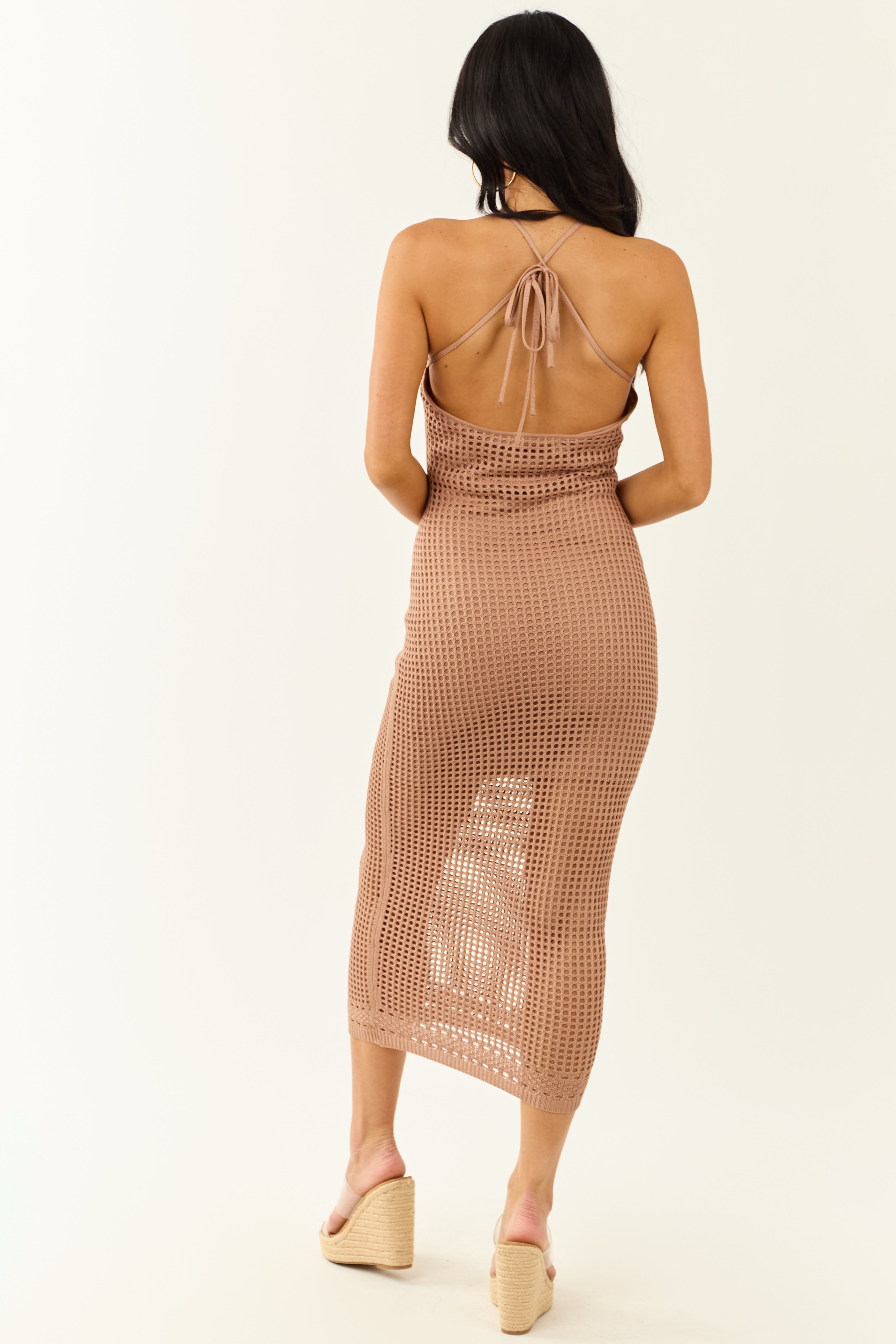 Cognac Open Knit Bodycon Halter Neck Midi Dress