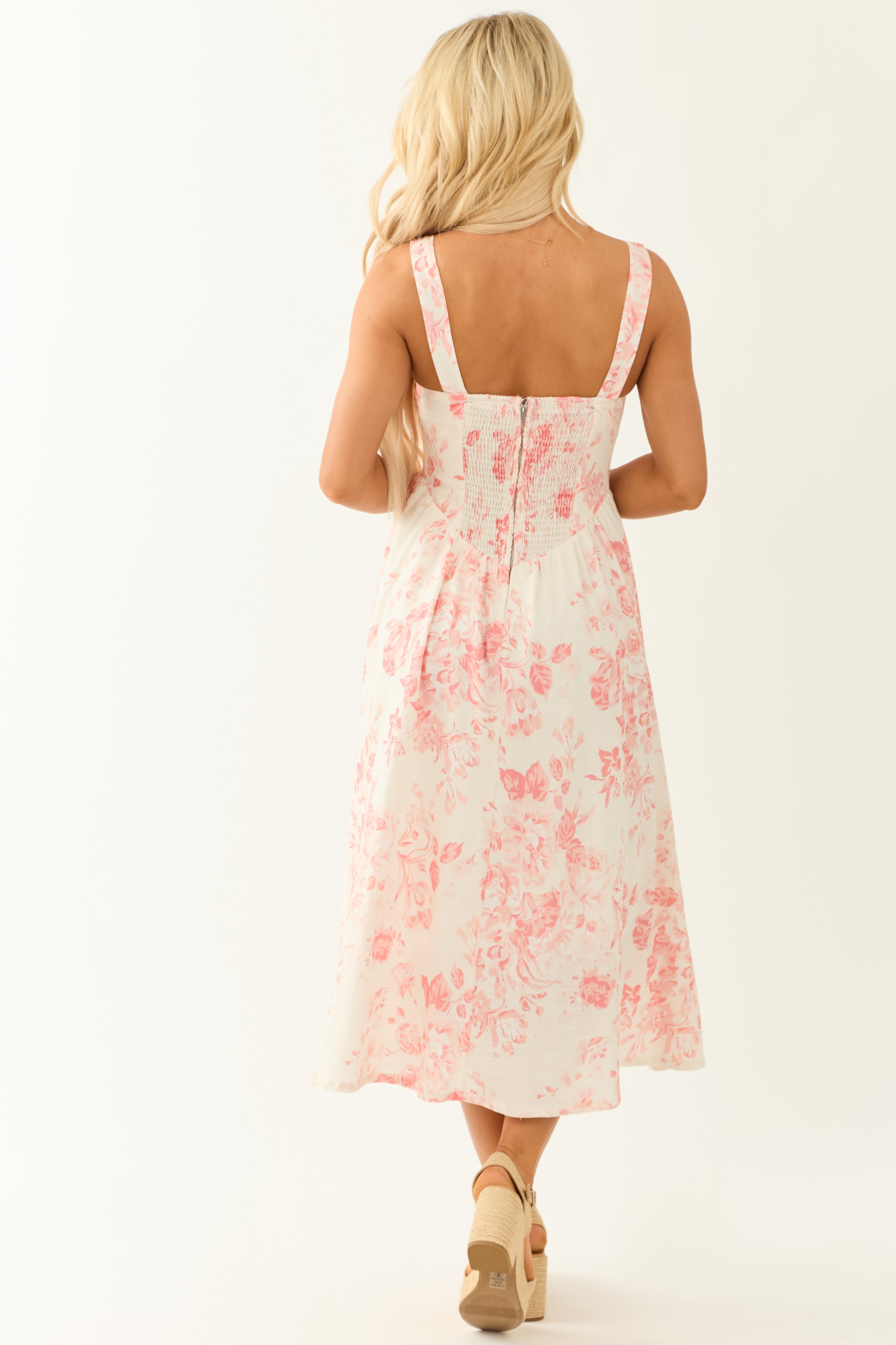 Coral Linen Blend Floral Print Sleeveless Midi Dress