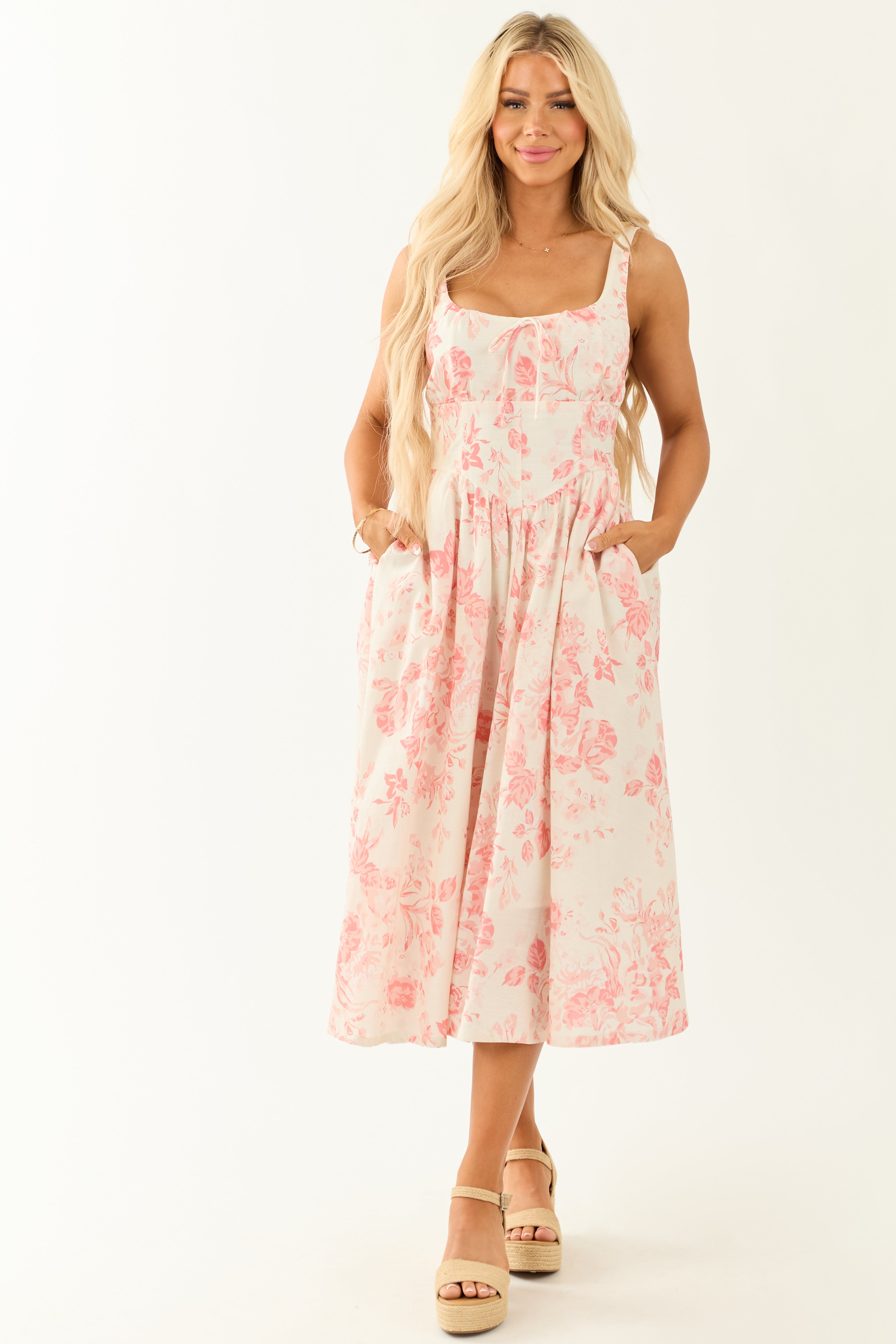 Coral Linen Blend Floral Print Sleeveless Midi Dress
