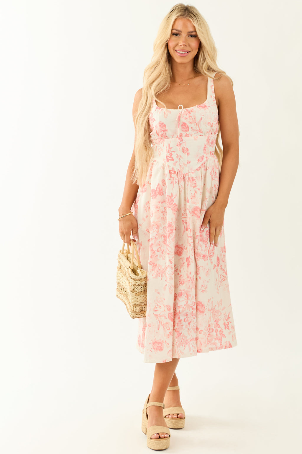 Coral Linen Blend Floral Print Sleeveless Midi Dress
