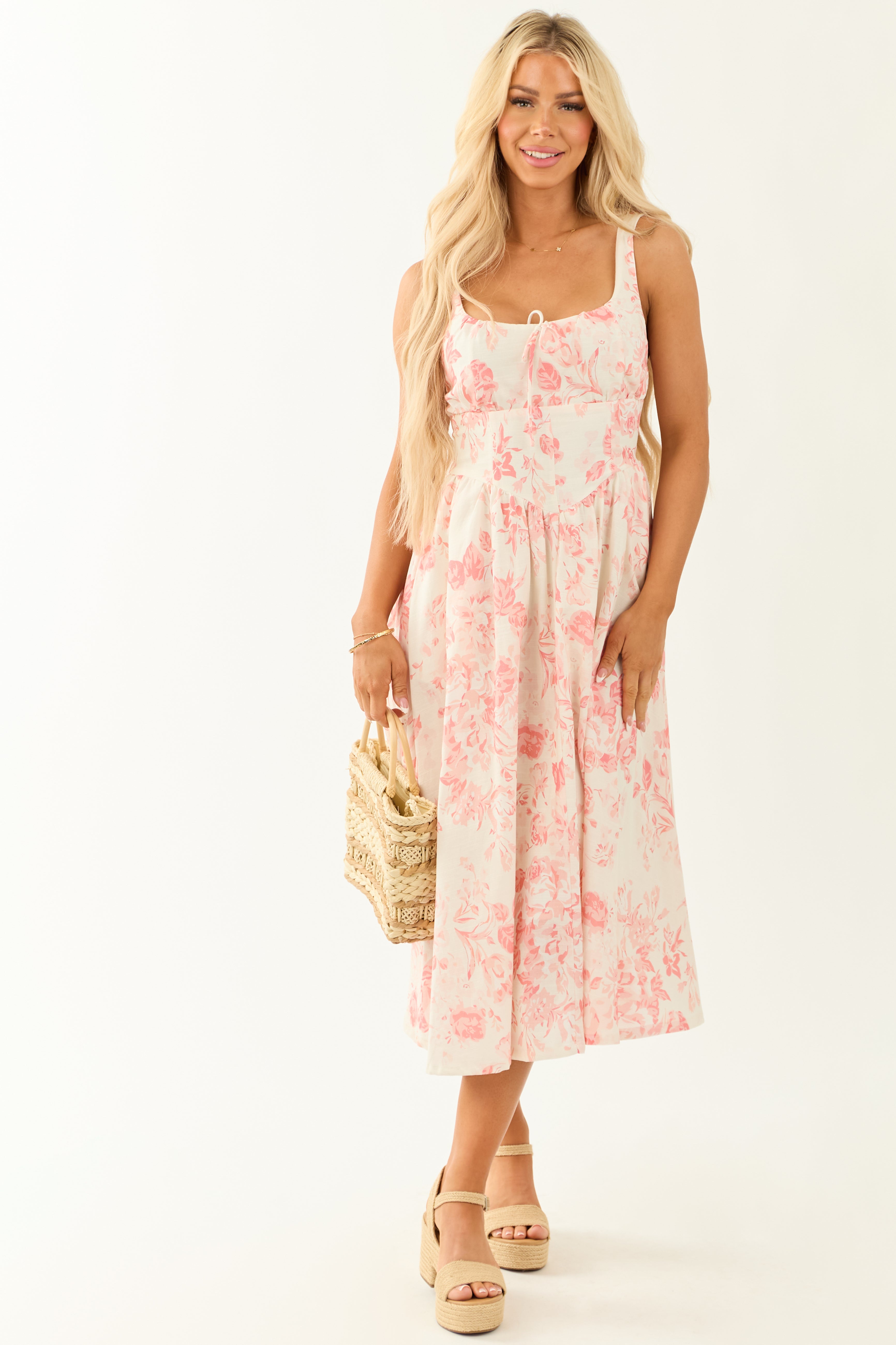 Coral Linen Blend Floral Print Sleeveless Midi Dress