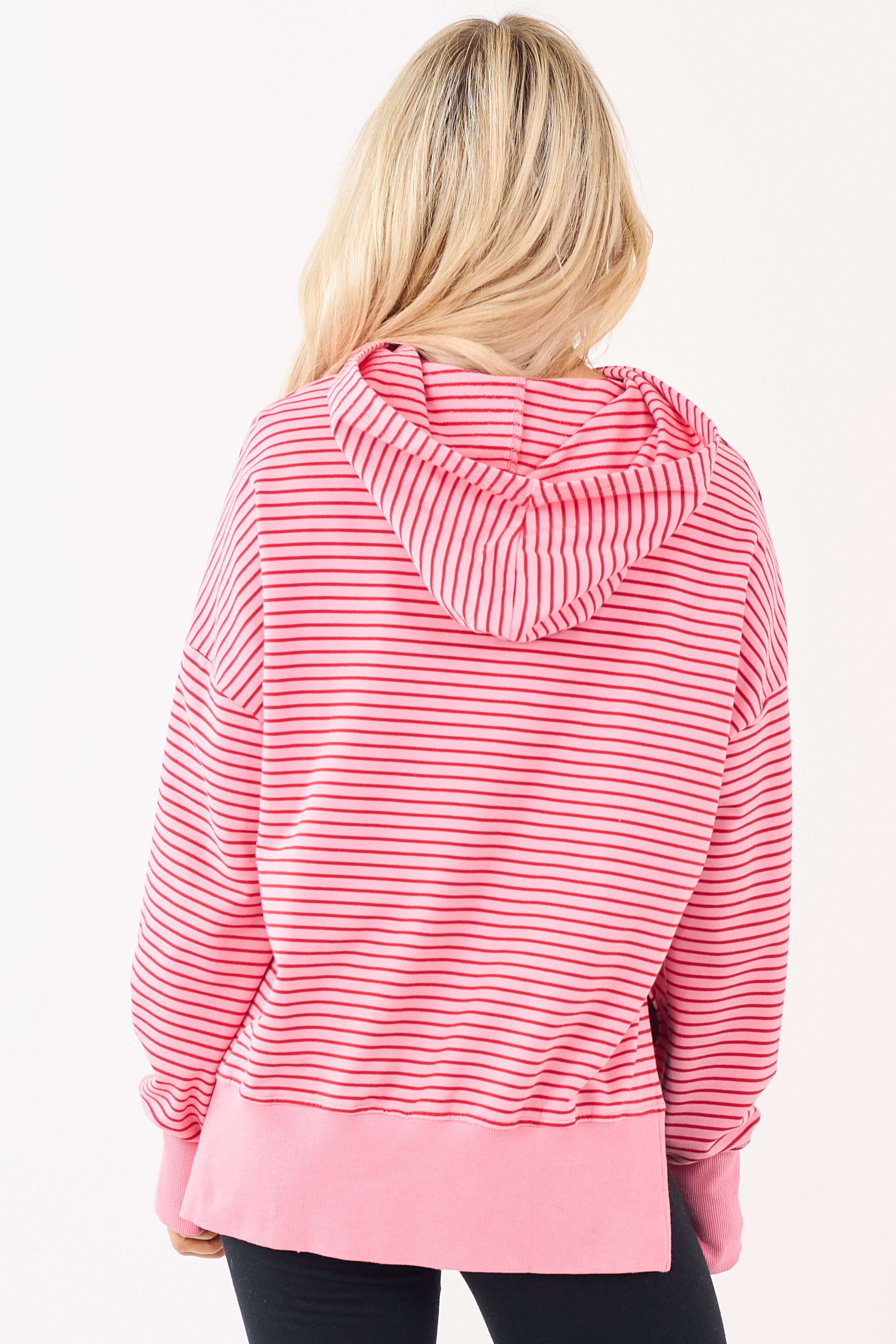 Coral Striped Ribbed Trim Side Slit Relaxed Hoodie