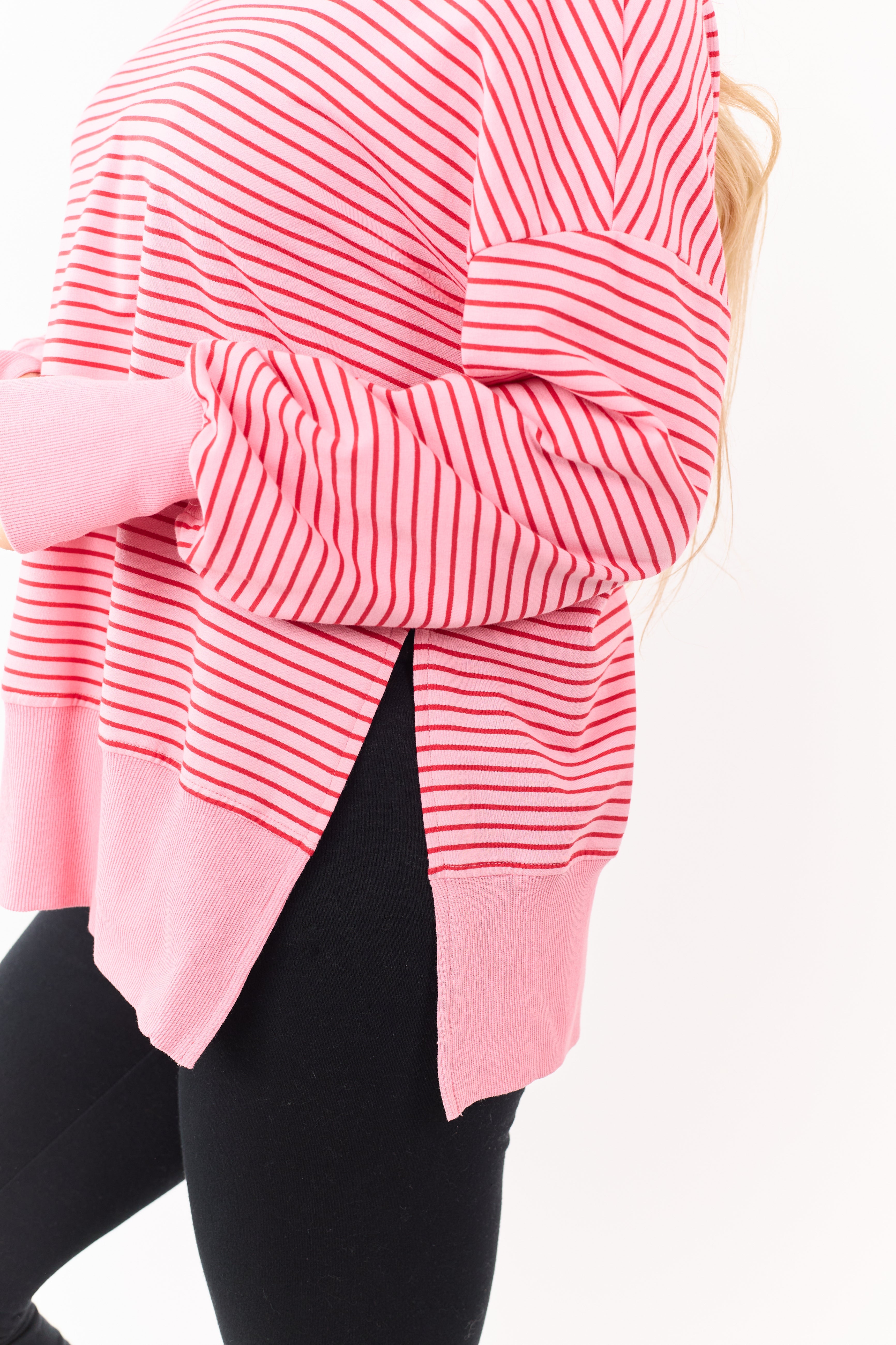 Coral Striped Ribbed Trim Side Slit Relaxed Hoodie