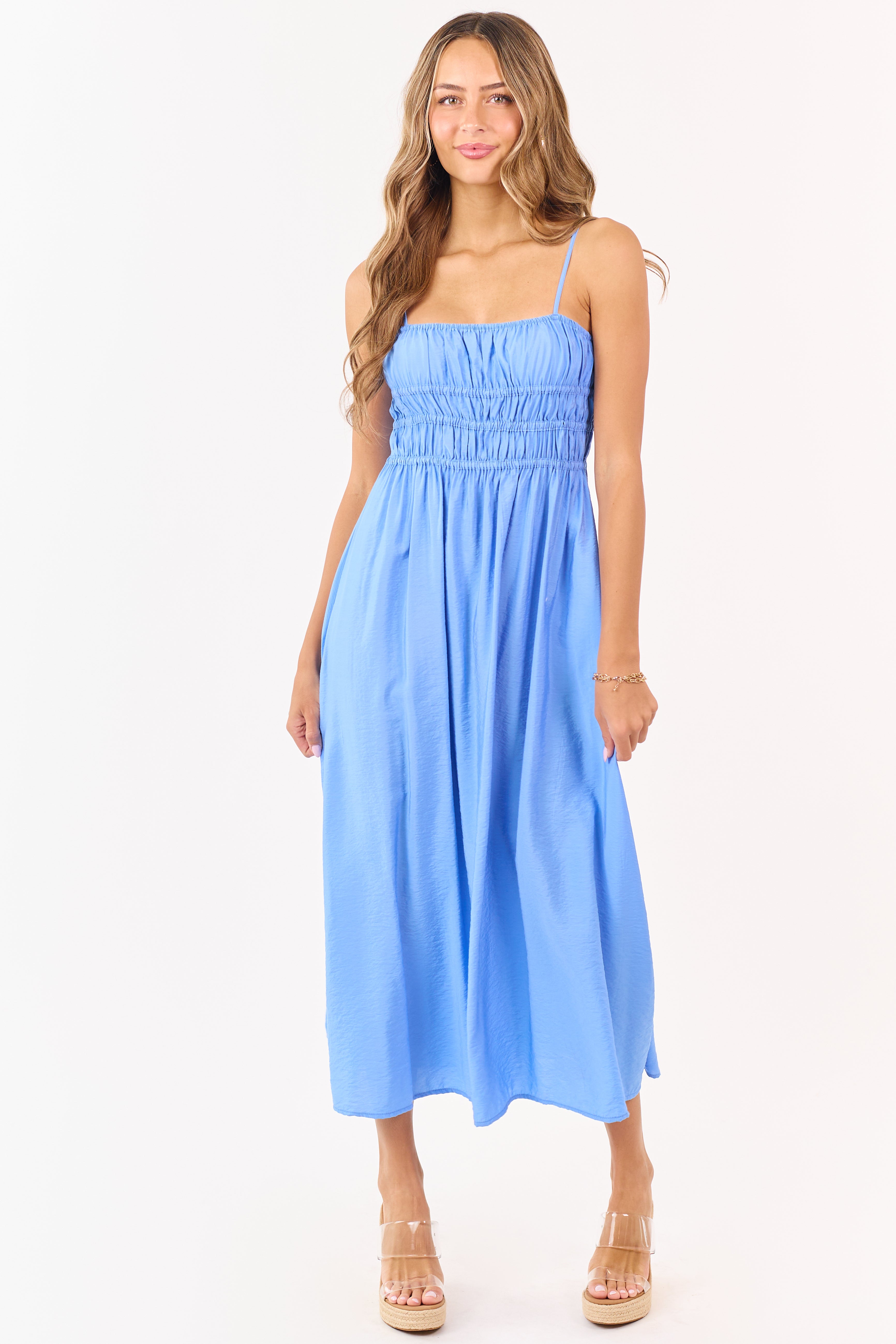 Cornflower Smocked Bodice Sleeveless Maxi Dress