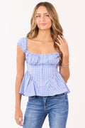 Cornflower Stripe Puff Sleeve Hook and Eye Clasp Top