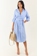Cornflower and Ivory Striped Button Up Midi Dress