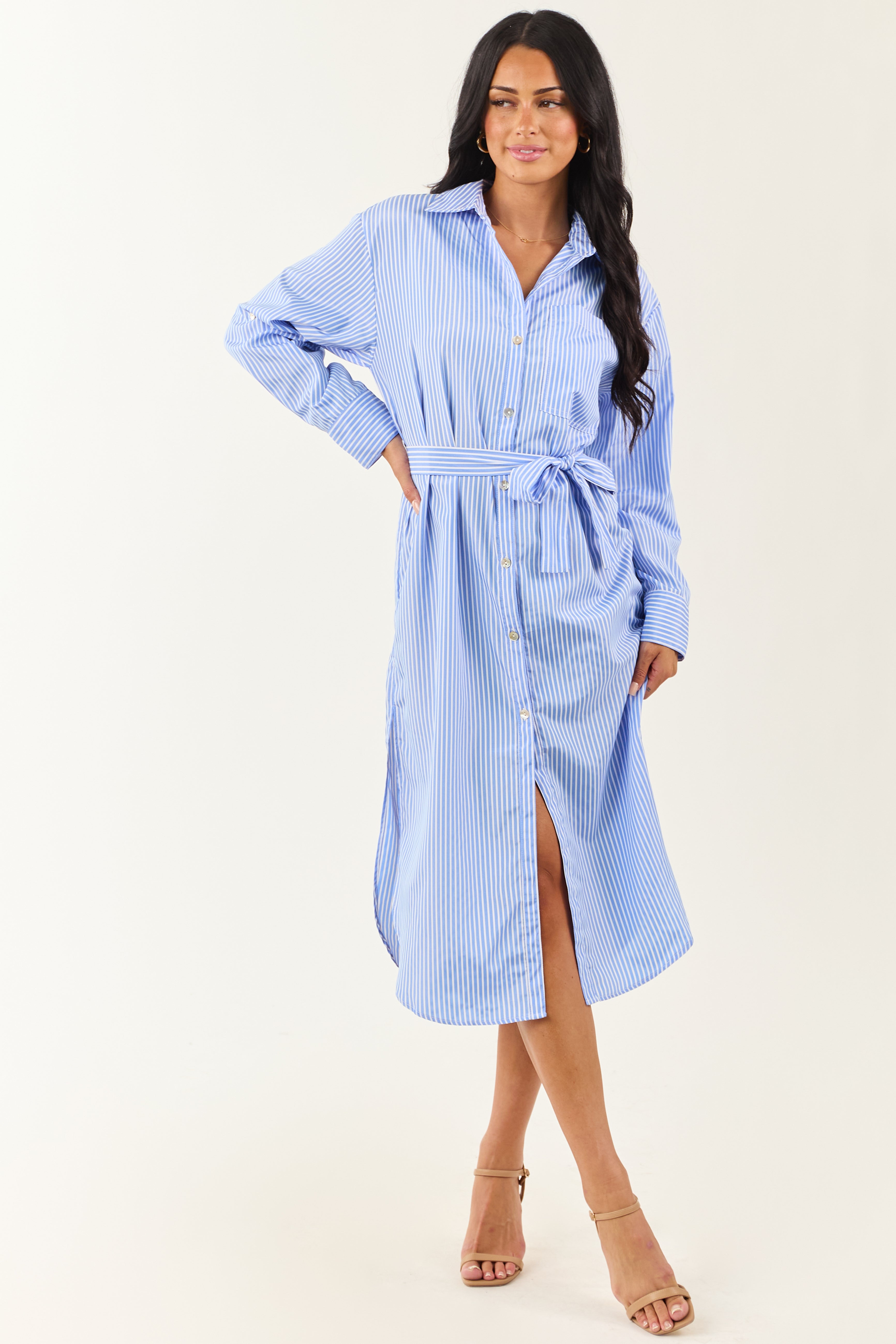 Cornflower and Ivory Striped Button Up Midi Dress