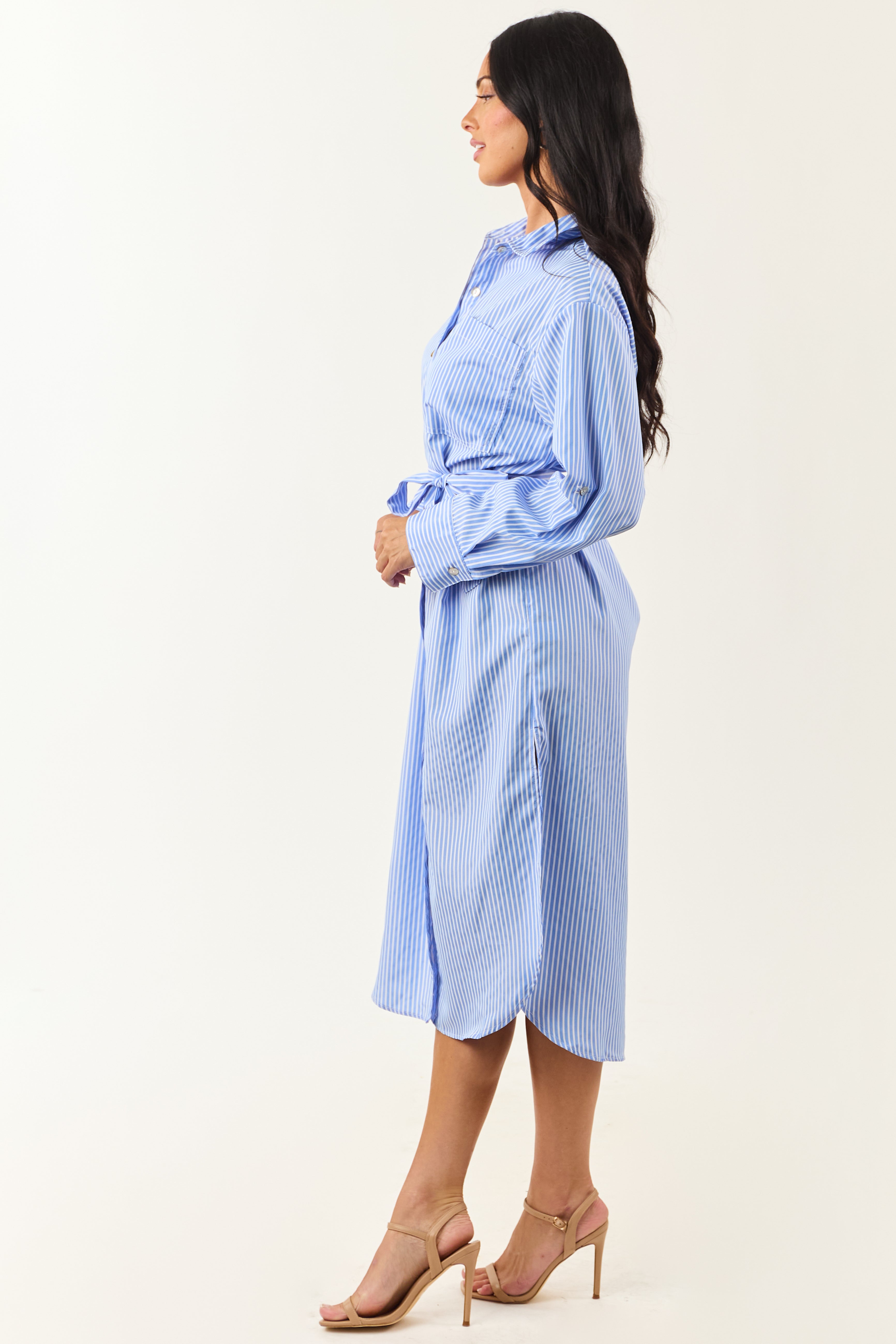 Cornflower and Ivory Striped Button Up Midi Dress