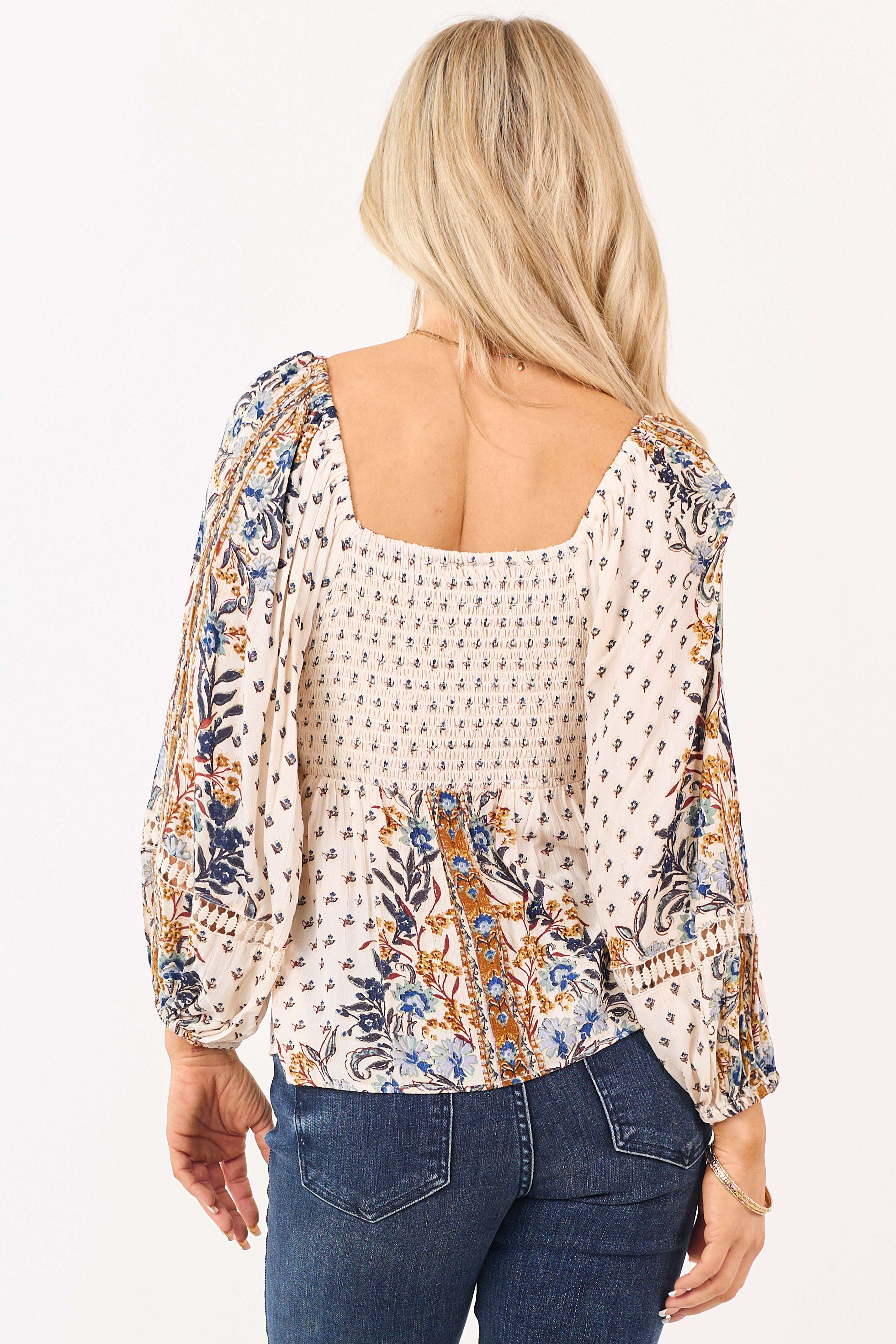 Cream Boho Floral Deep V Long Sleeve Babydoll Top