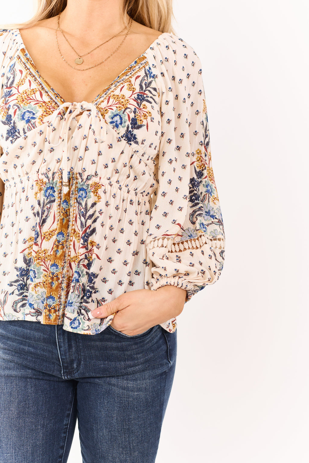 Cream Boho Floral Deep V Long Sleeve Babydoll Top