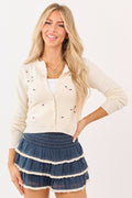 Cream Button Down Floral Embroidered Cardigan
