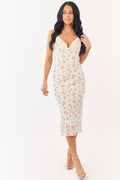 Cream Floral Print Frill Detail Chiffon Midi Dress