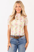 Cream Floral Print Mock Neck Short Sleeve Mesh Top