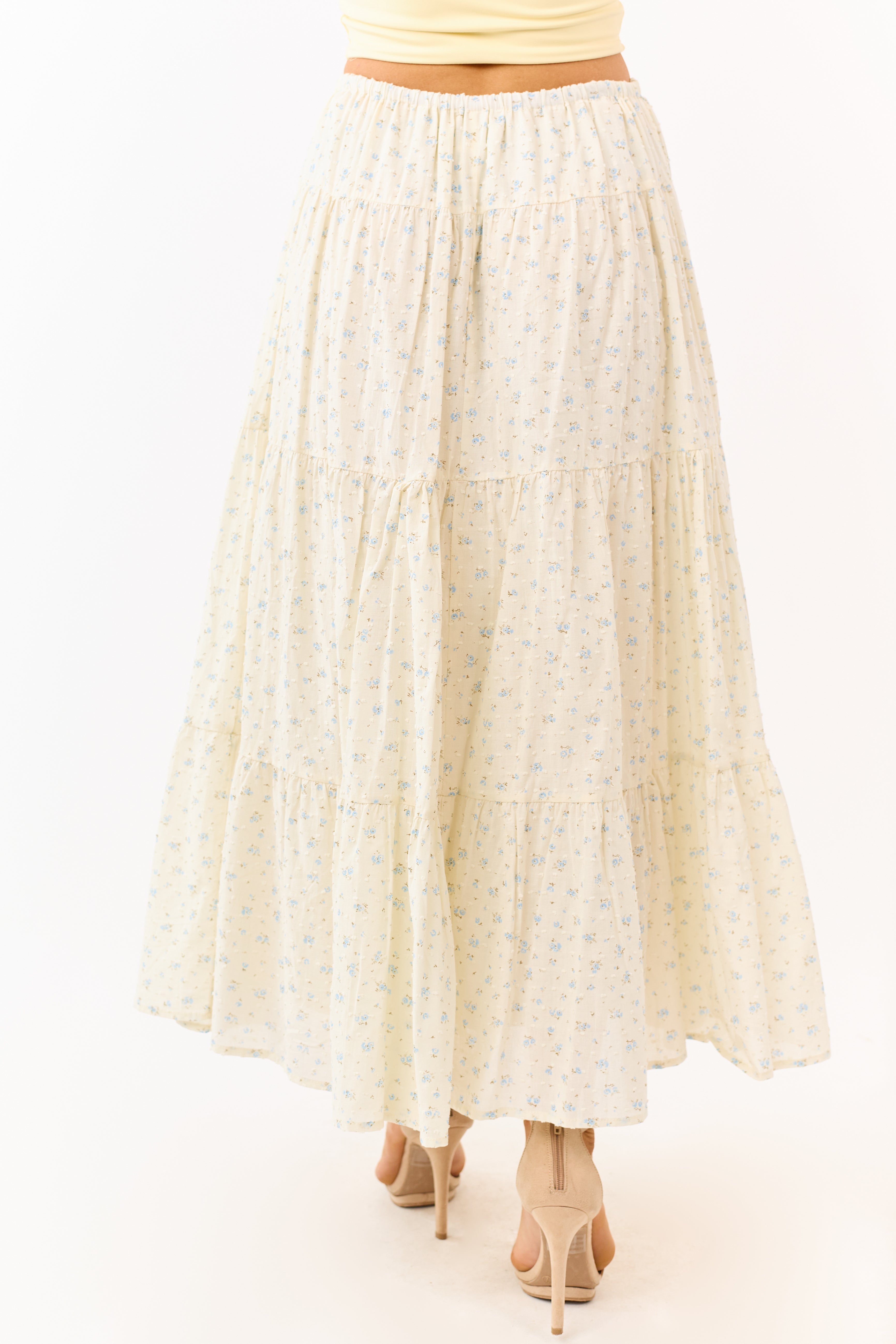 Cream Floral Print Swiss Dot Cotton Maxi Skirt