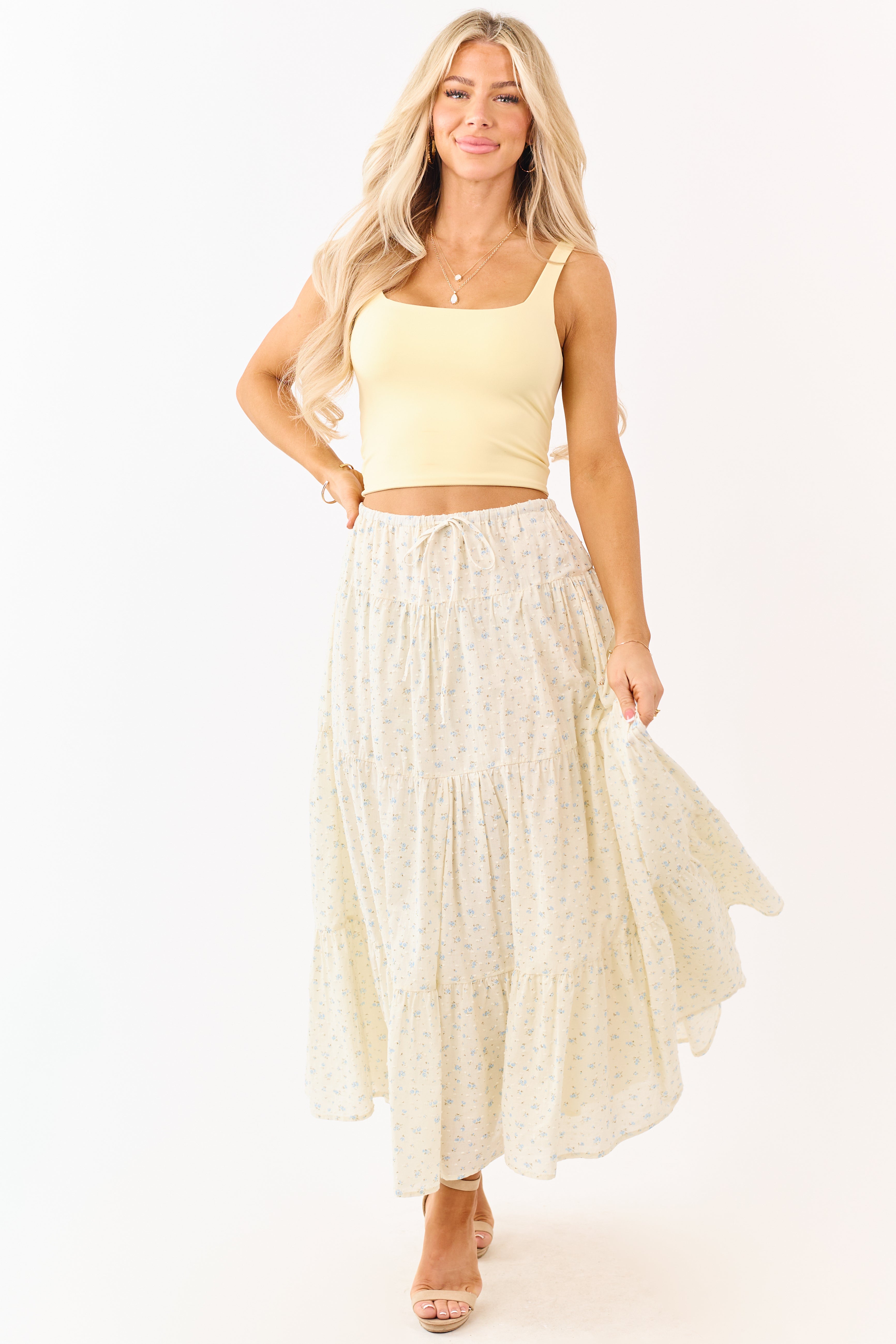 Cream Floral Print Swiss Dot Cotton Maxi Skirt