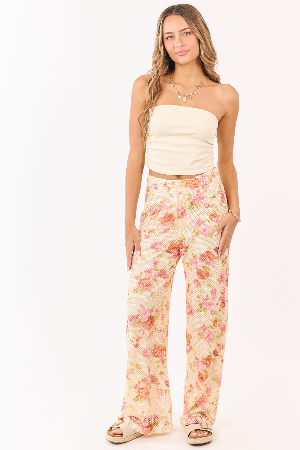 Cream Floral Print Wide Leg Scuba Knit Mesh Pants